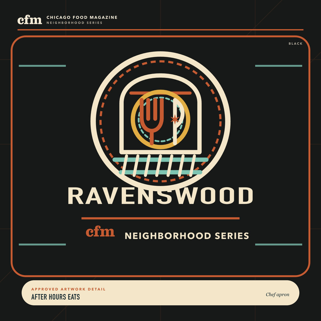 Ravenswood chef apron, close-up of After Hours Eats artwork