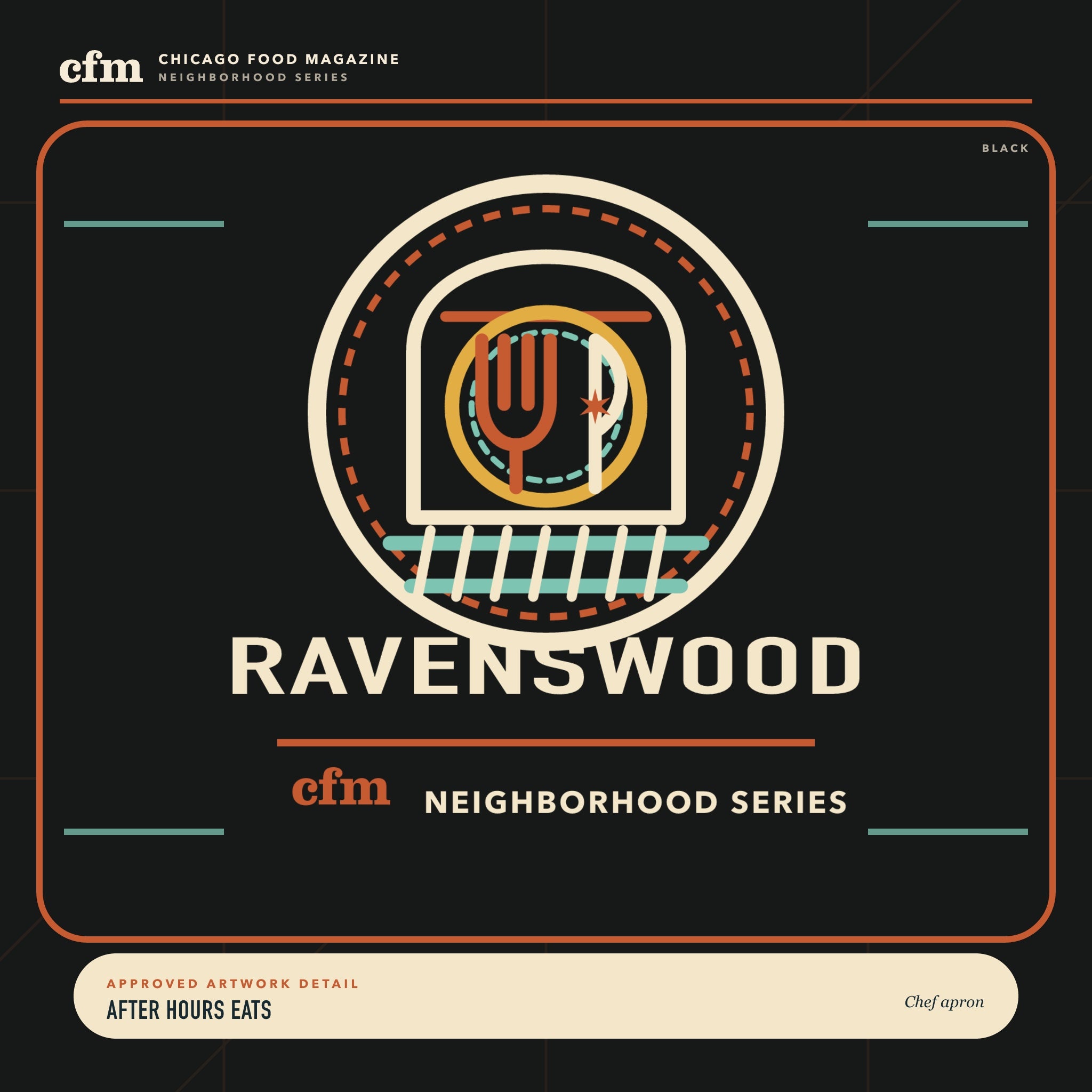 Ravenswood chef apron, close-up of After Hours Eats artwork