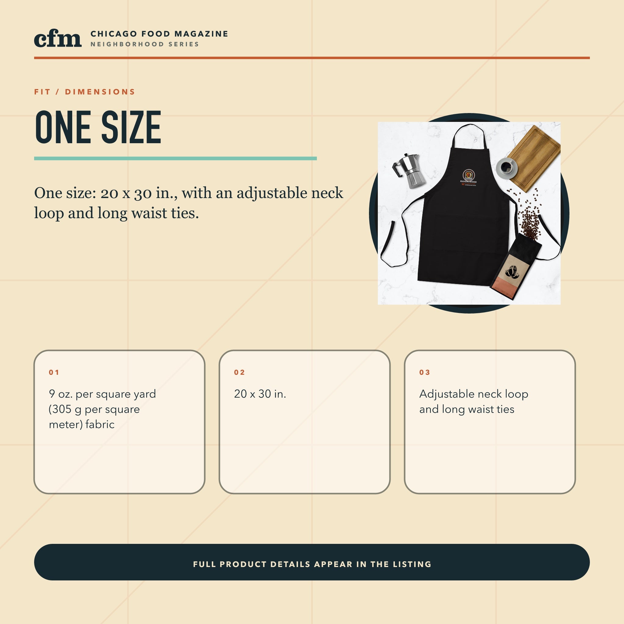 Ravenswood chef apron, size, fit, and dimensions guide