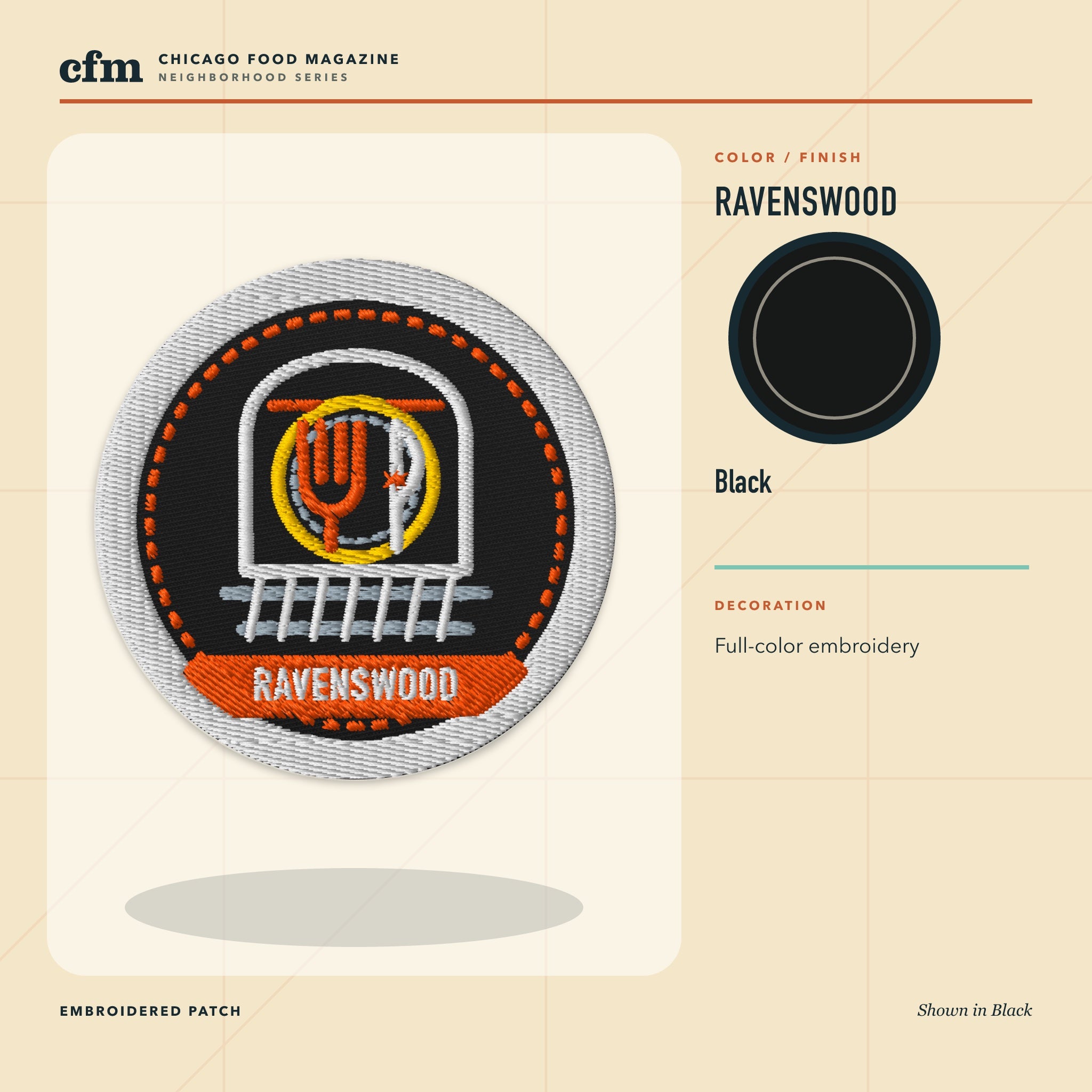 Ravenswood embroidered patch, Black color and finish