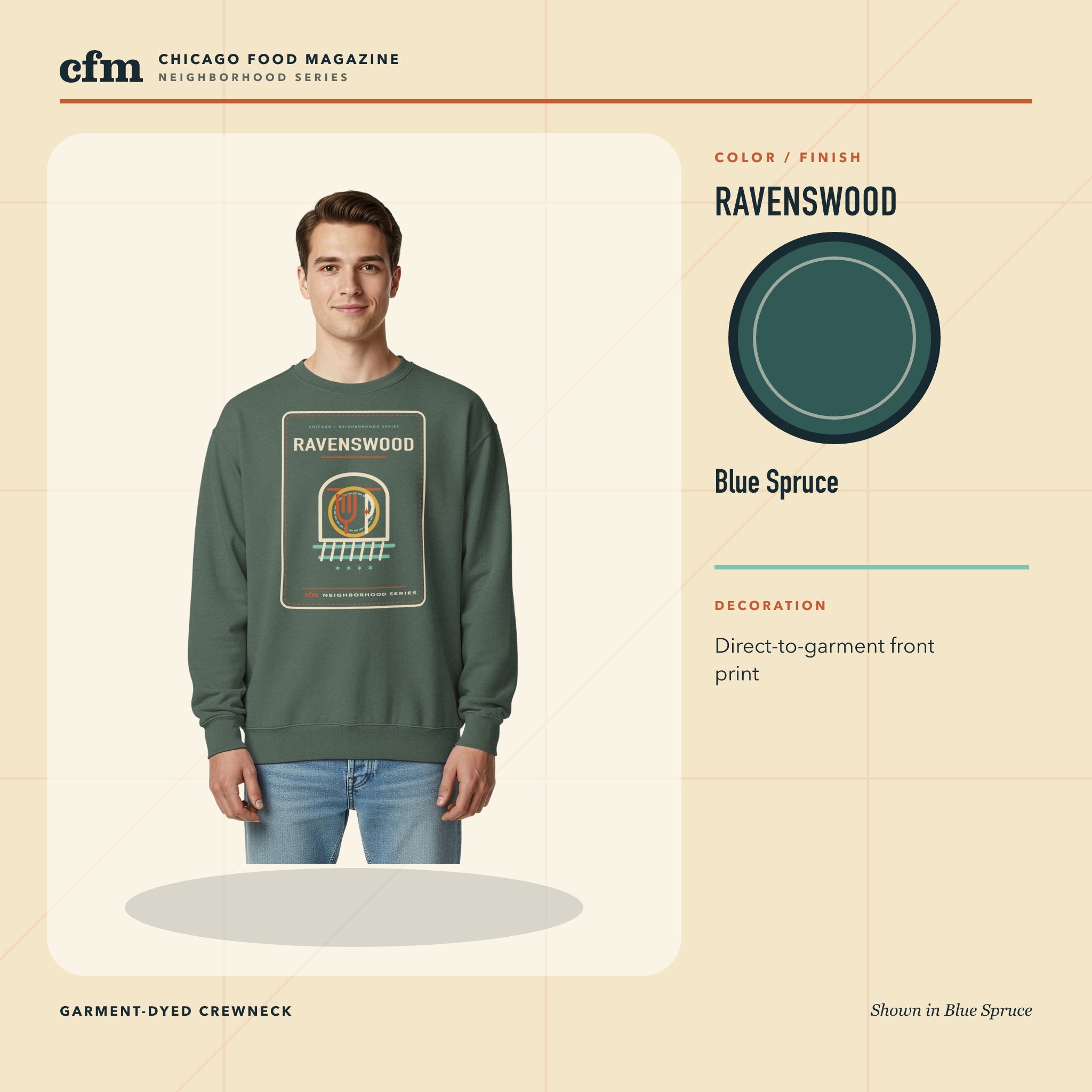 Ravenswood garment-dyed crewneck, Blue Spruce color and finish