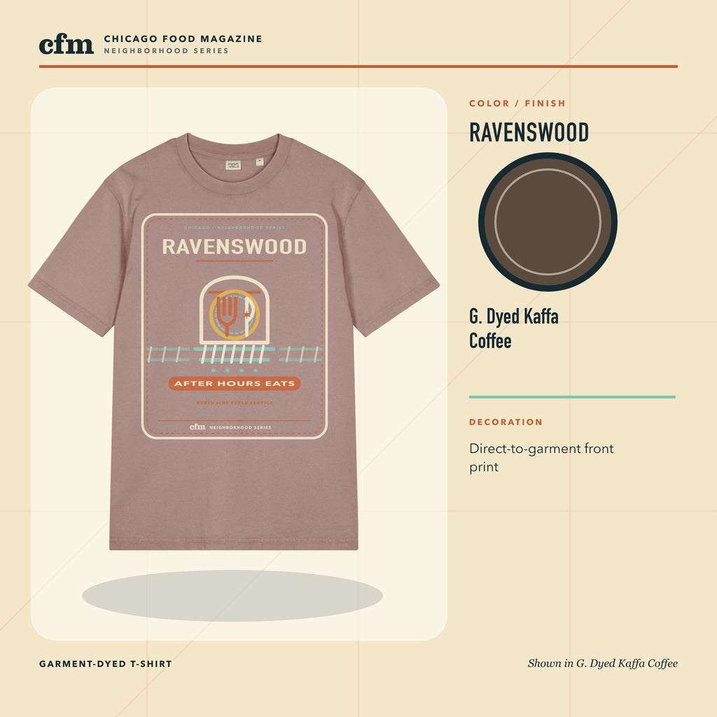 Ravenswood garment-dyed t-shirt, G. Dyed Kaffa Coffee color and finish