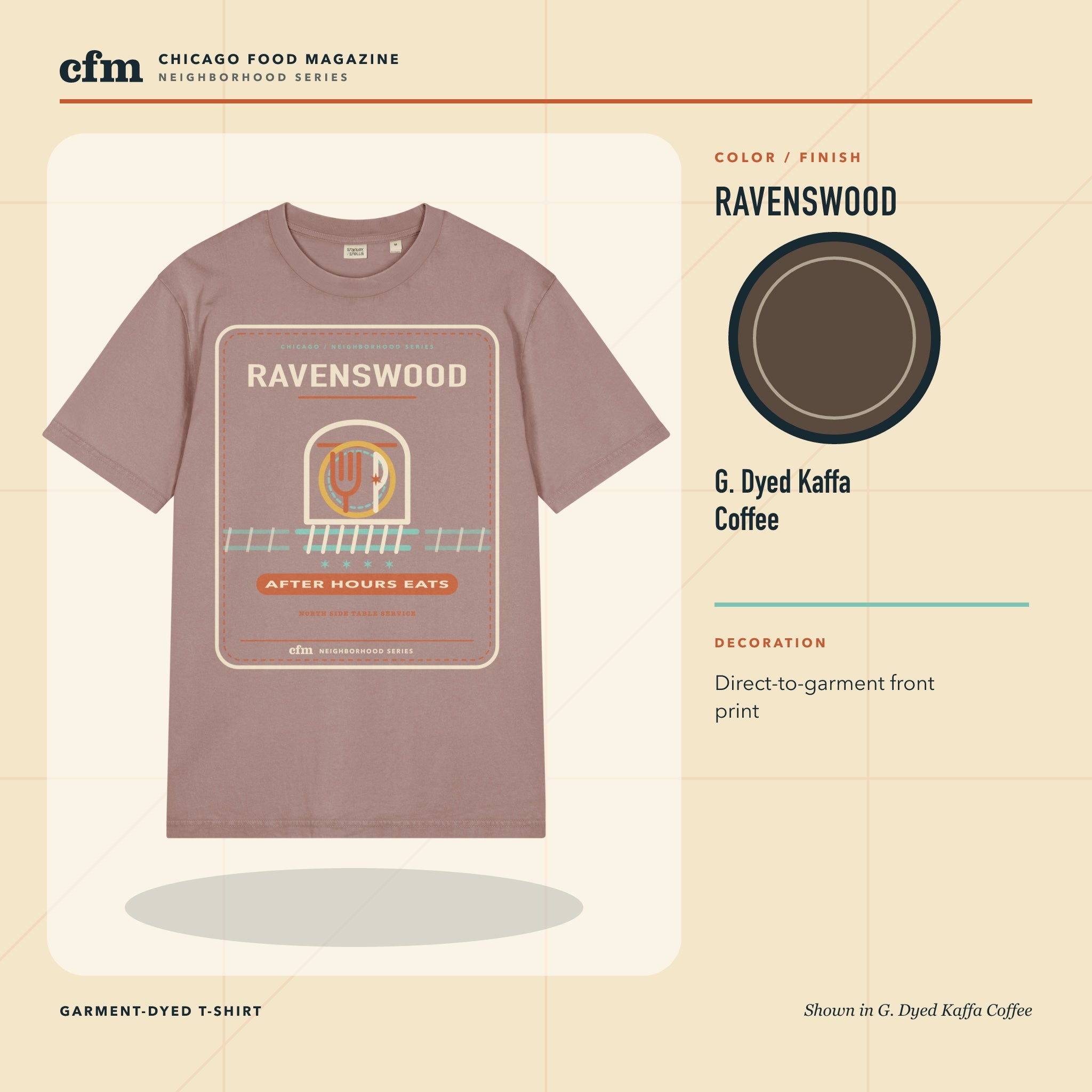Ravenswood garment-dyed t-shirt, G. Dyed Kaffa Coffee color and finish