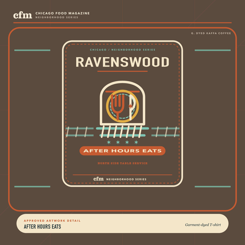 Ravenswood garment-dyed t-shirt, close-up of After Hours Eats artwork