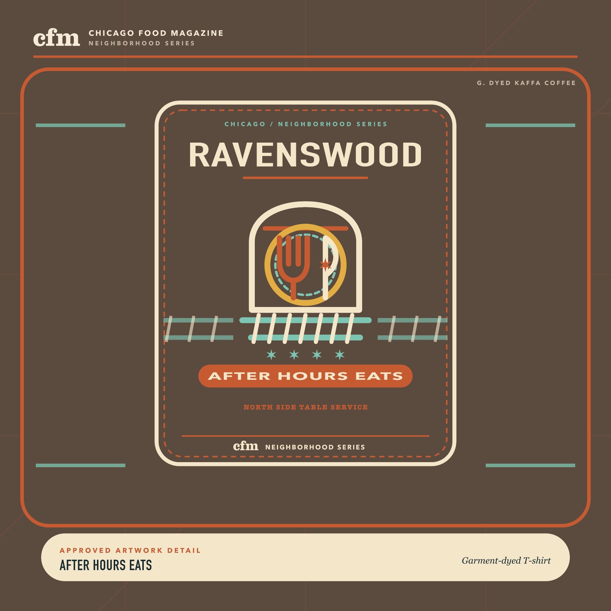 Ravenswood garment-dyed t-shirt, close-up of After Hours Eats artwork