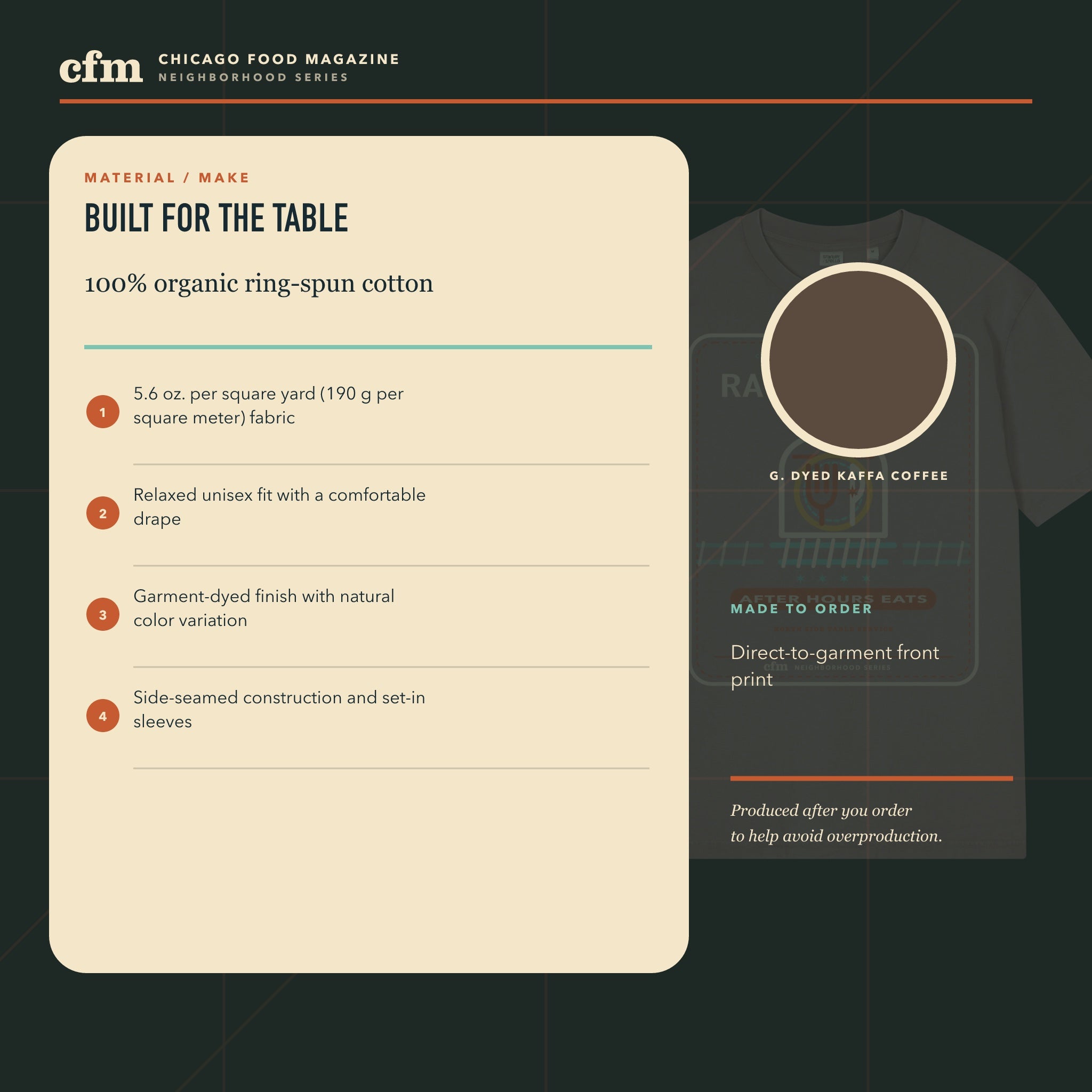 Ravenswood garment-dyed t-shirt, materials and construction details