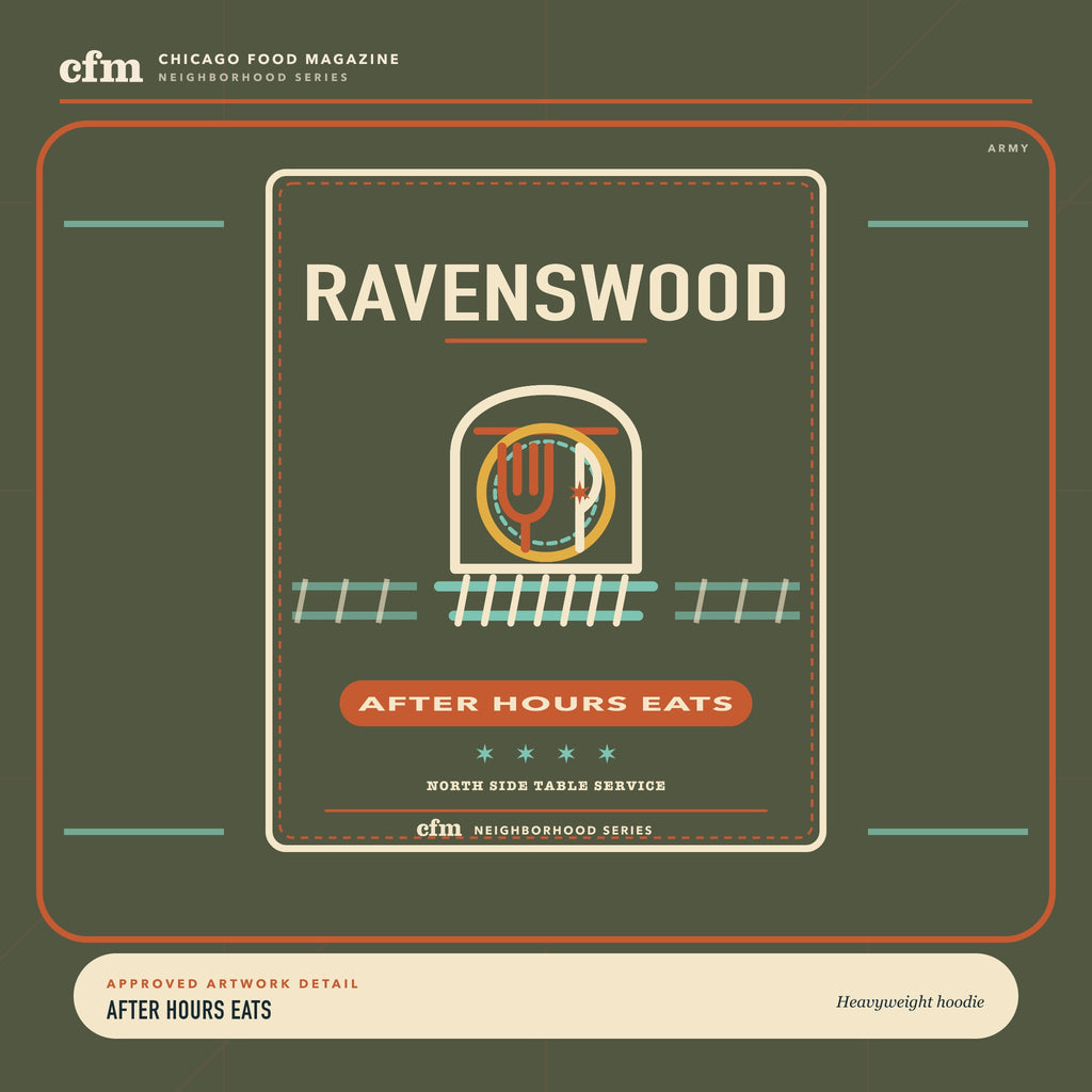 Ravenswood heavyweight hoodie, close-up of After Hours Eats artwork