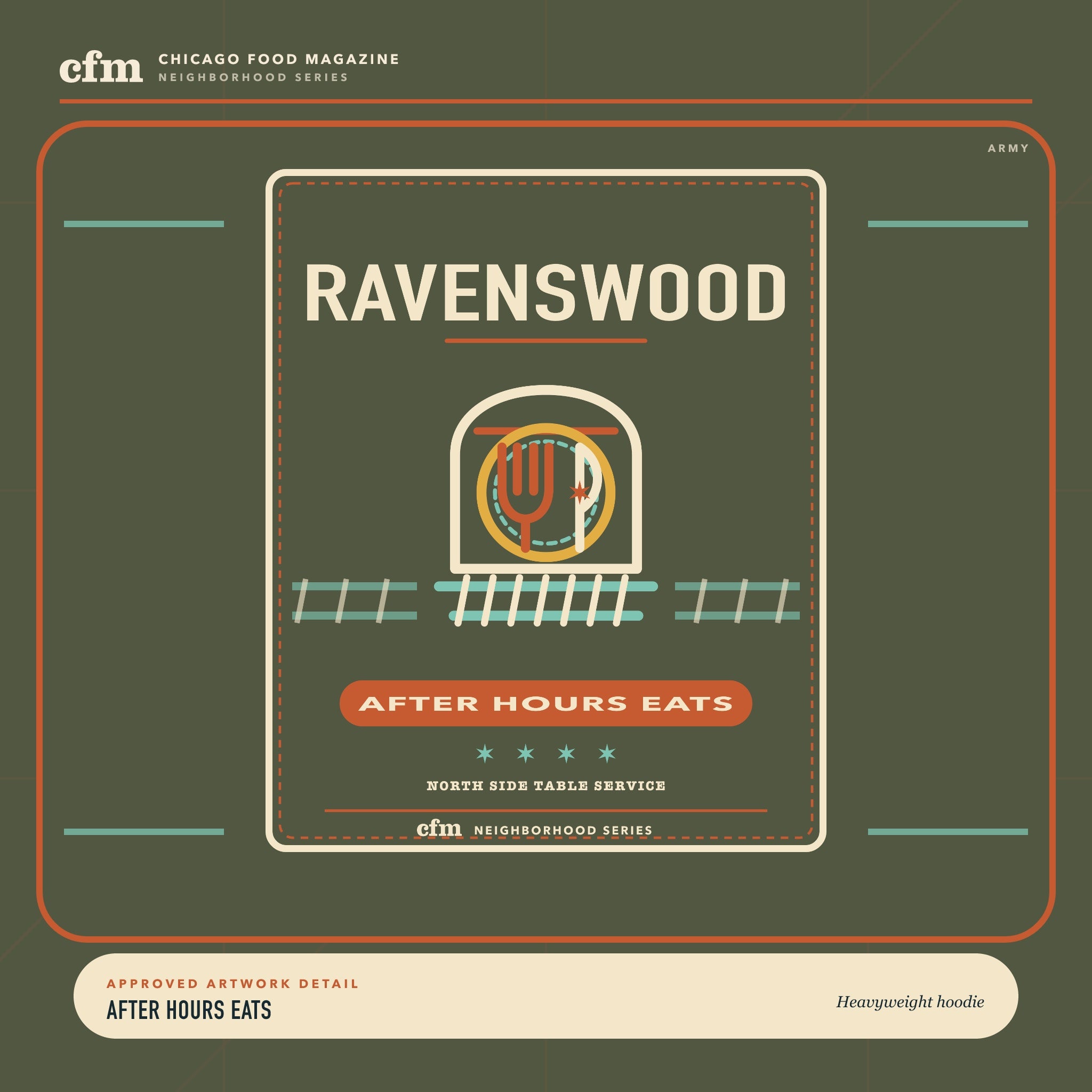 Ravenswood heavyweight hoodie, close-up of After Hours Eats artwork