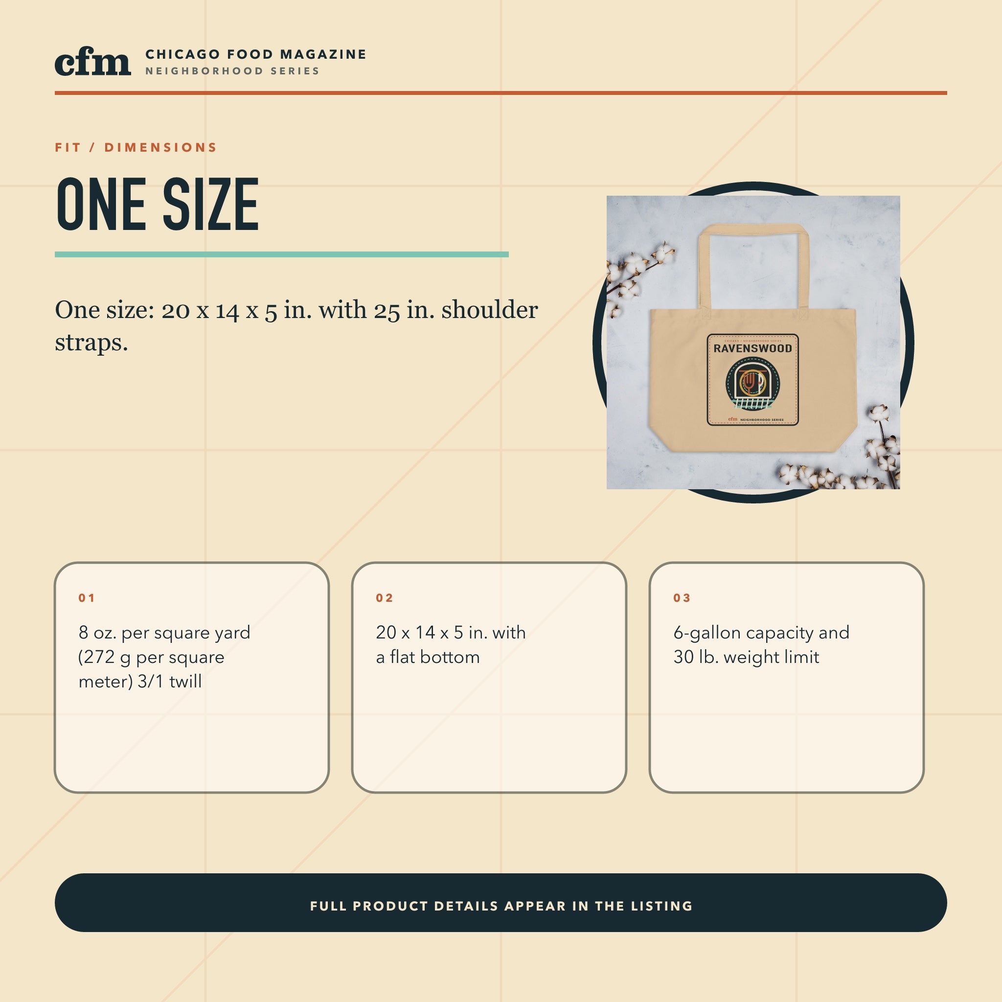 Ravenswood organic market tote, size, fit, and dimensions guide