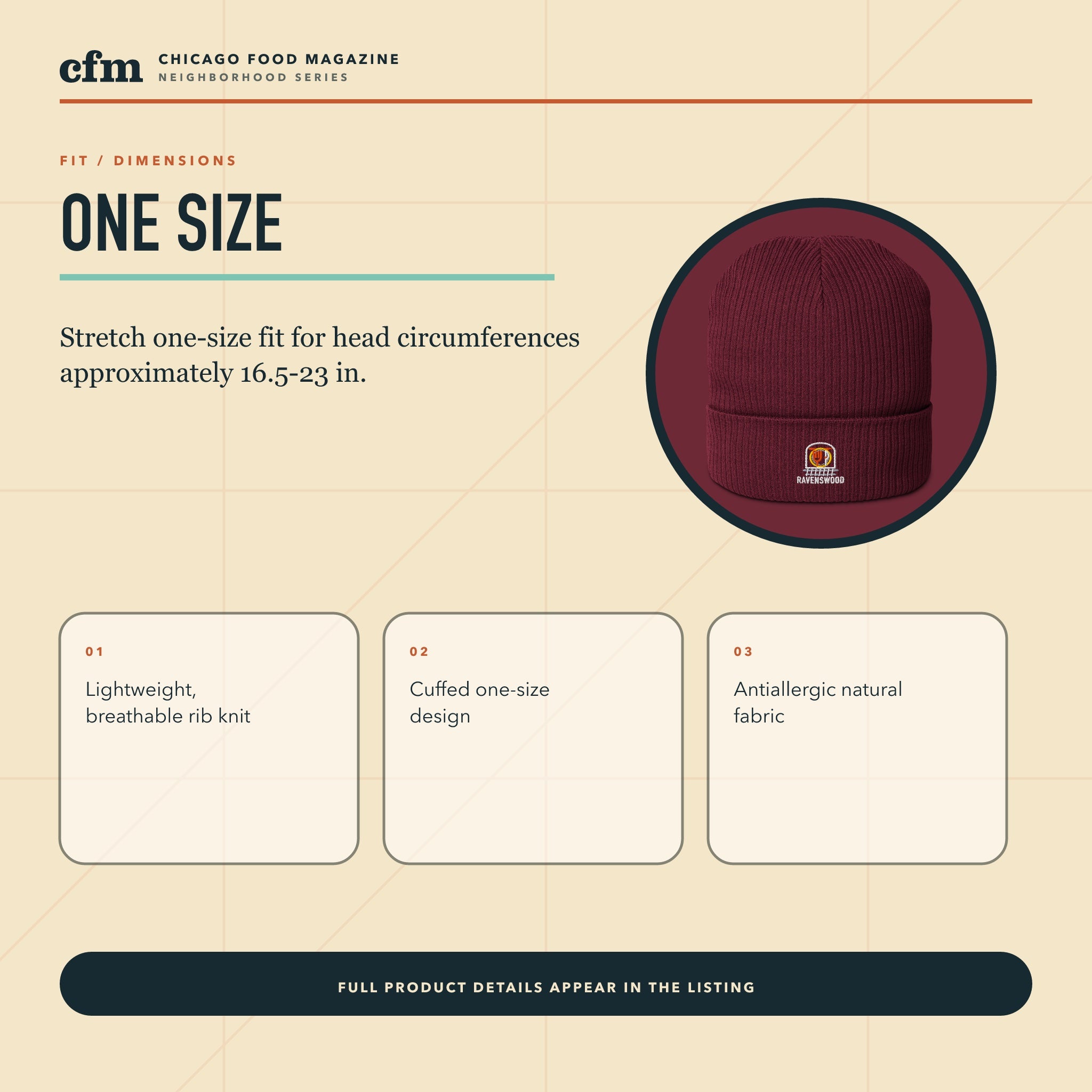 Ravenswood organic ribbed beanie, size, fit, and dimensions guide