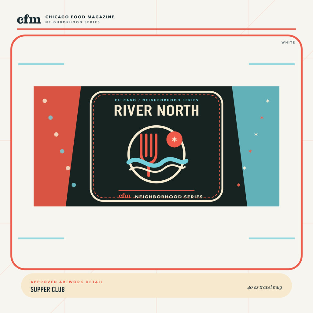 River North 40 oz travel mug, close-up of Supper Club artwork