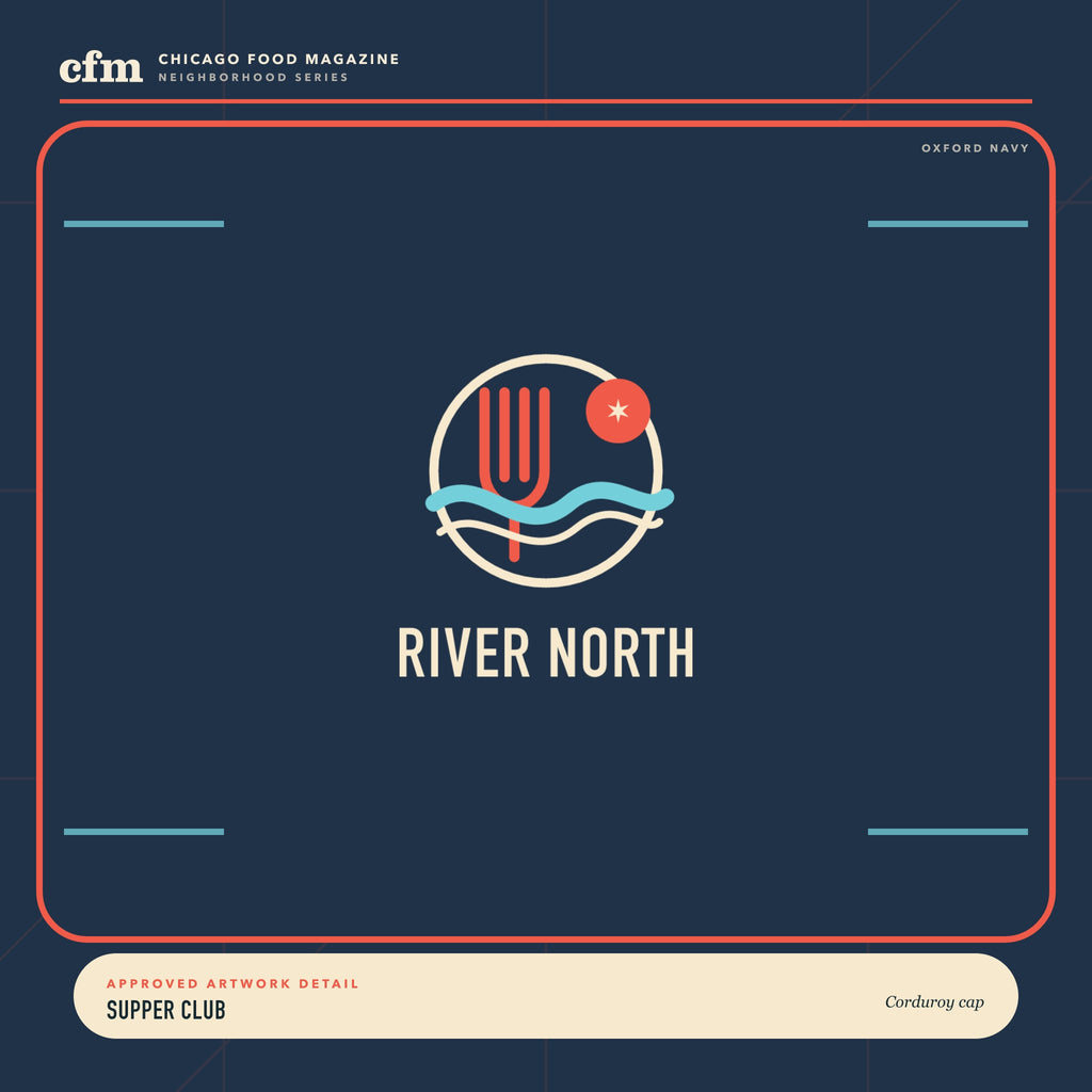 River North corduroy cap, close-up of Supper Club artwork