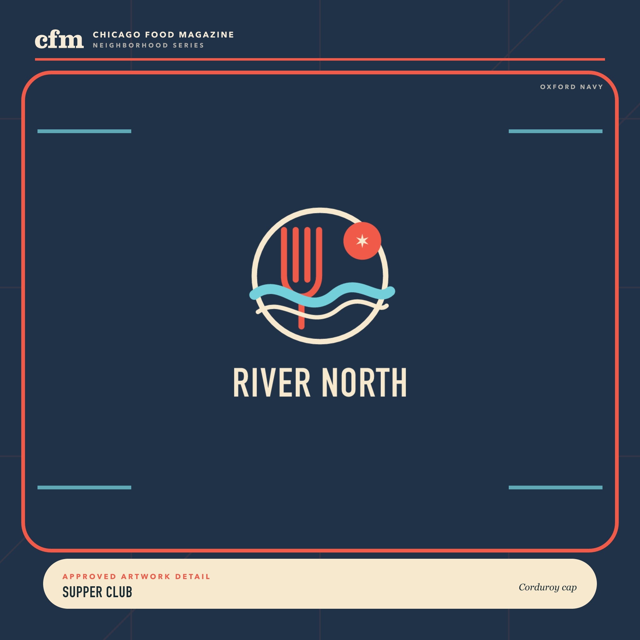 River North corduroy cap, close-up of Supper Club artwork