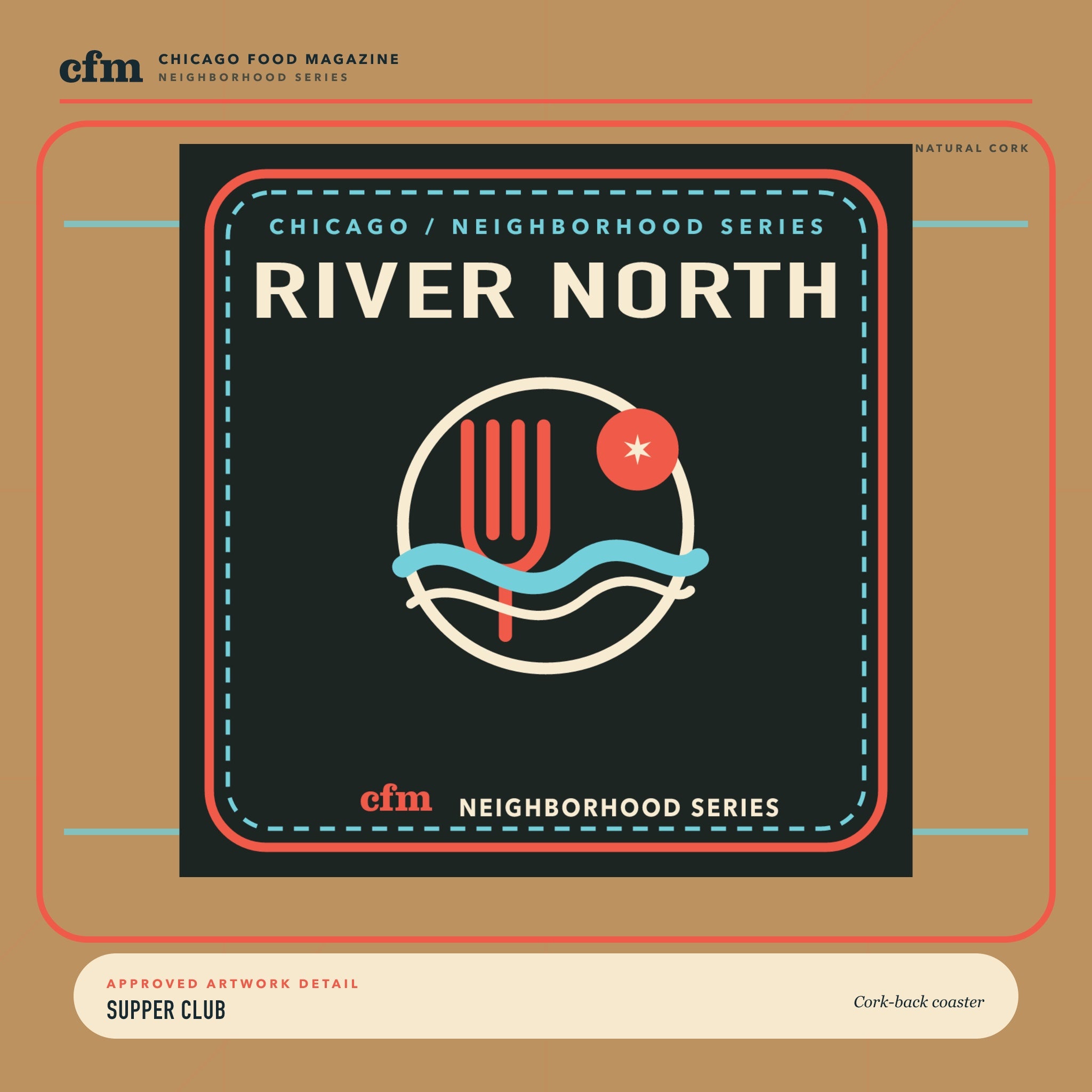 River North cork-back coaster, close-up of Supper Club artwork