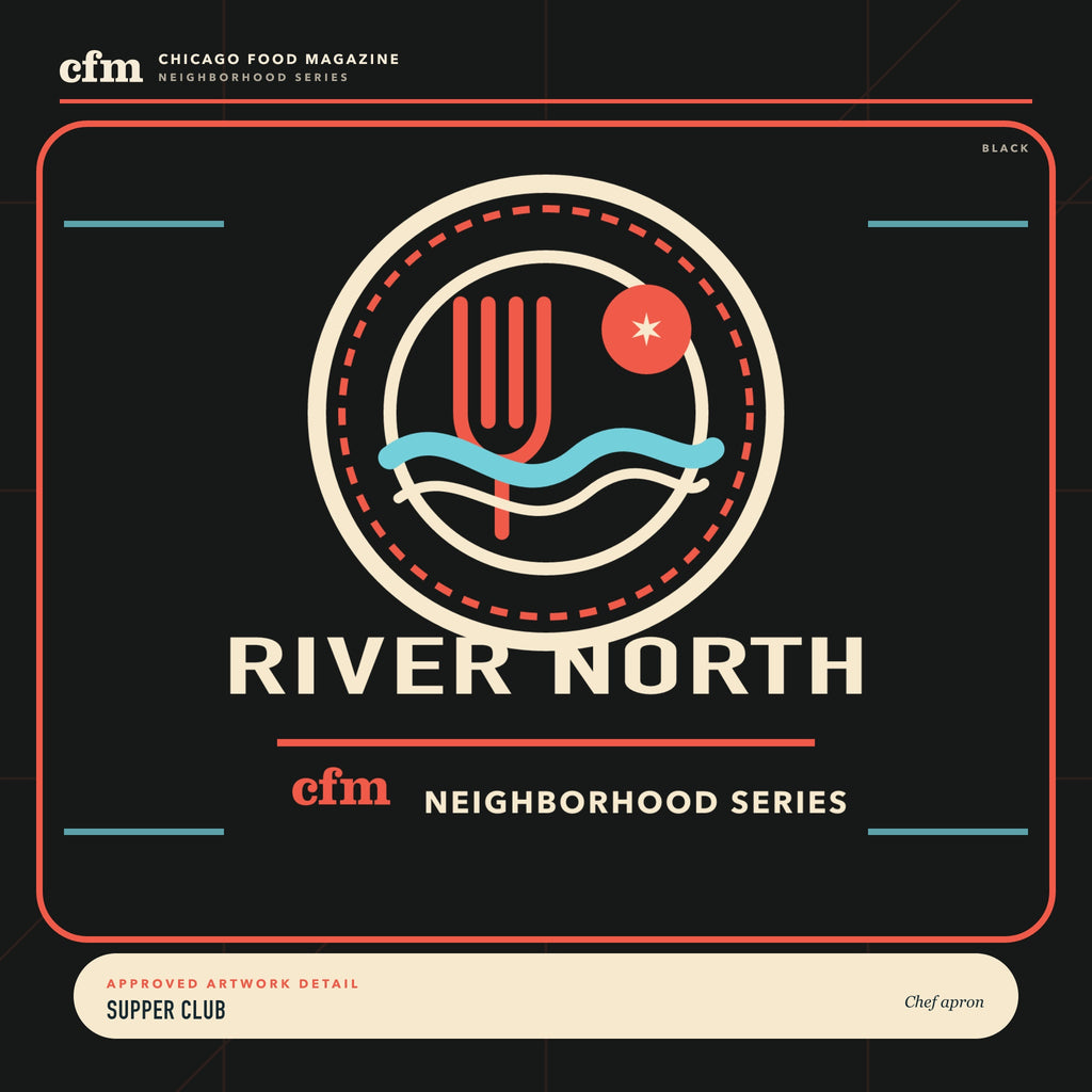 River North chef apron, close-up of Supper Club artwork