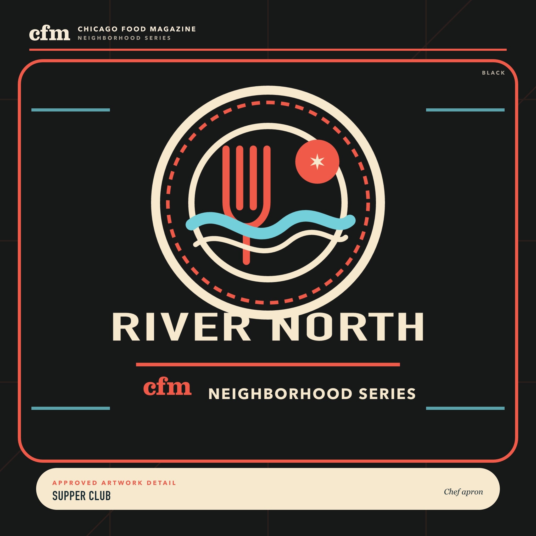 River North chef apron, close-up of Supper Club artwork