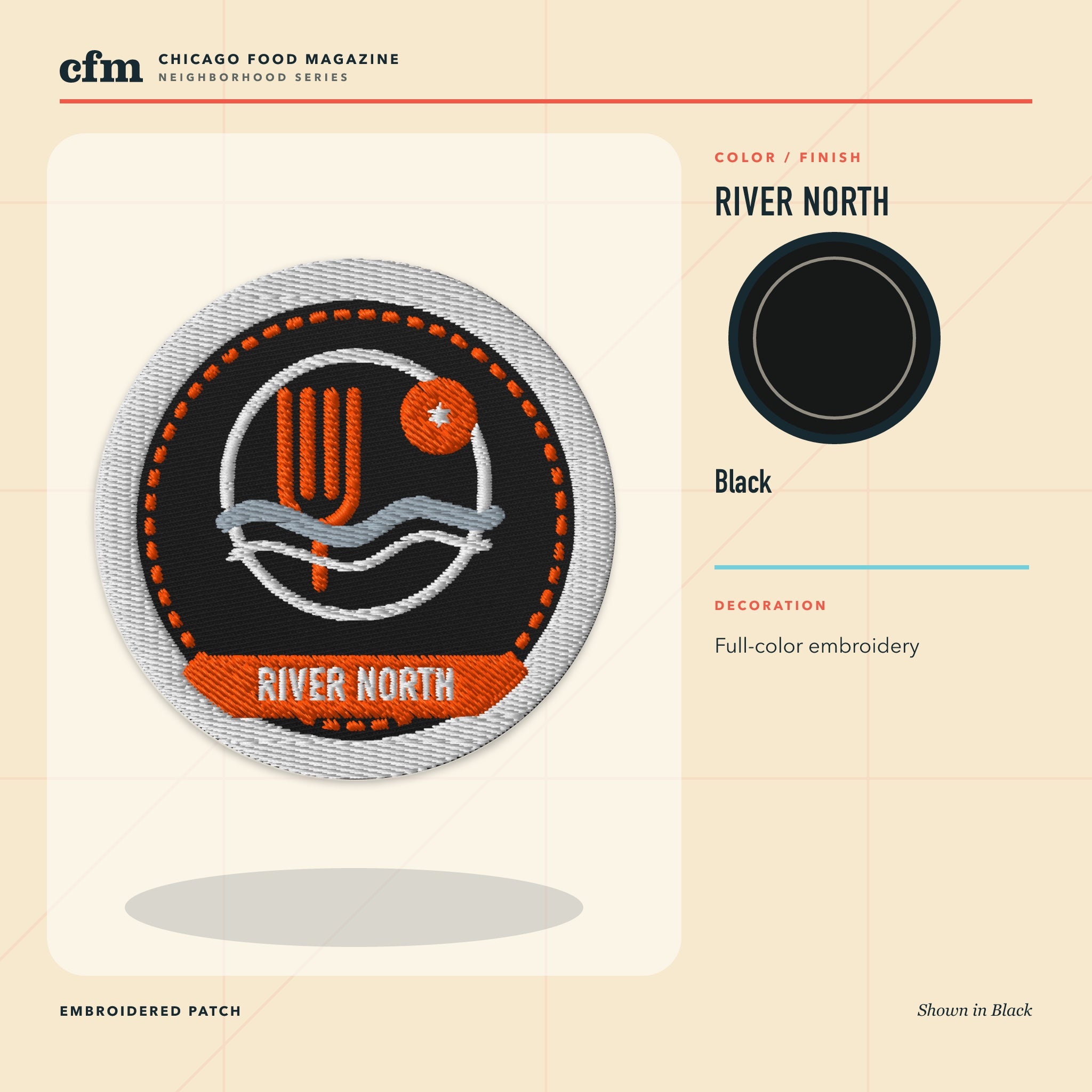 River North embroidered patch, Black color and finish