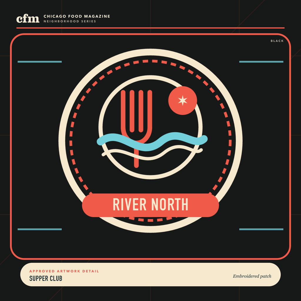 River North embroidered patch, close-up of Supper Club artwork