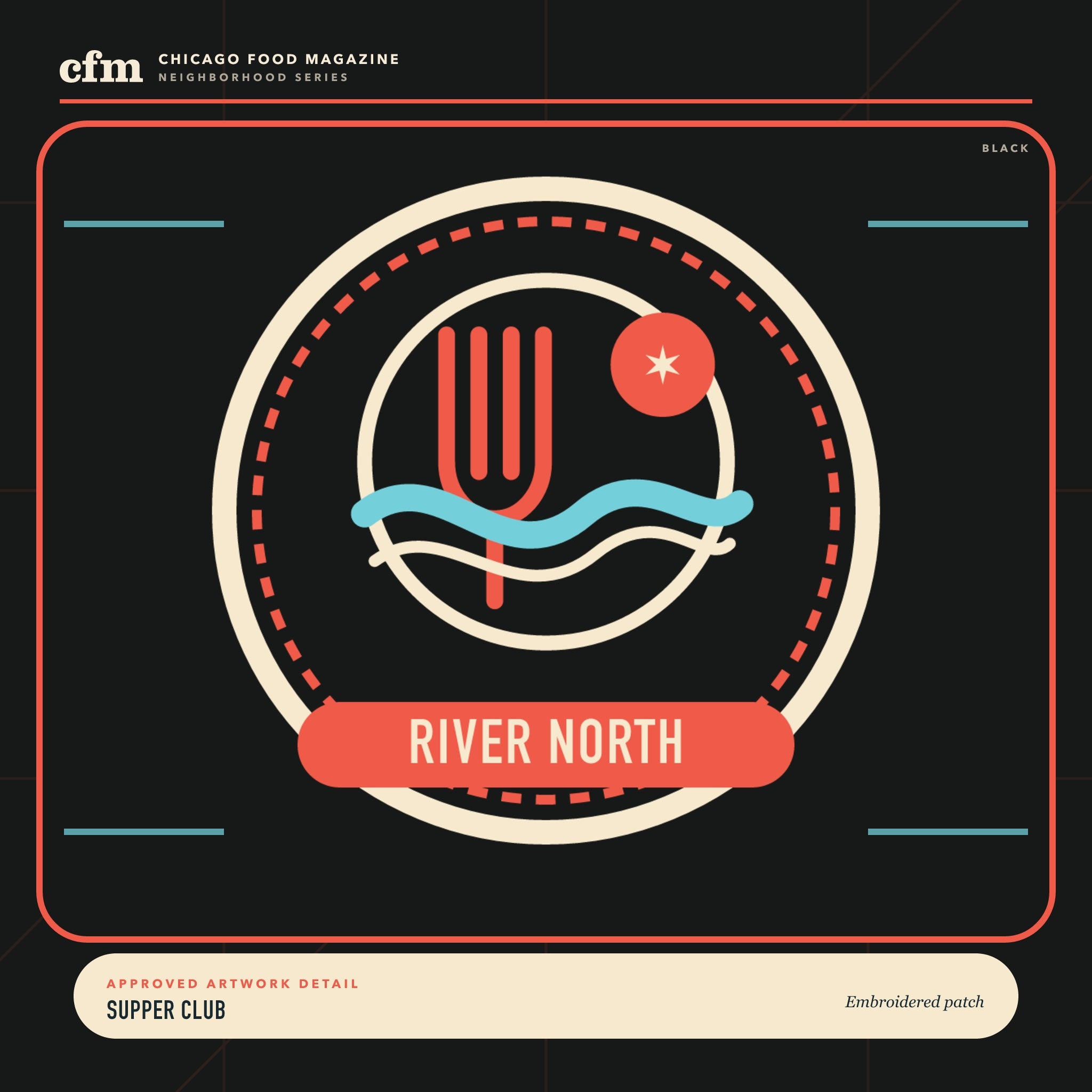 River North embroidered patch, close-up of Supper Club artwork