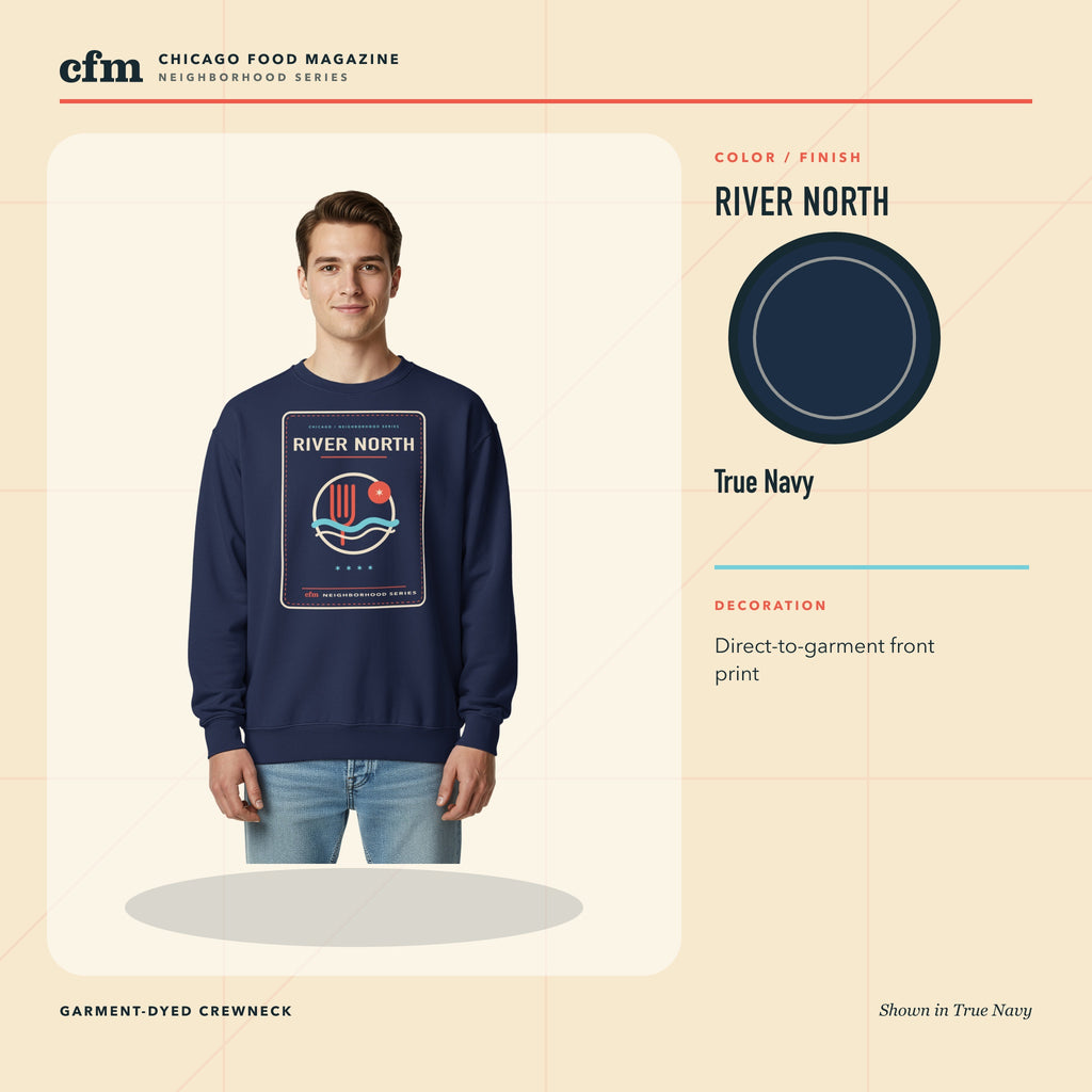 River North garment-dyed crewneck, True Navy color and finish