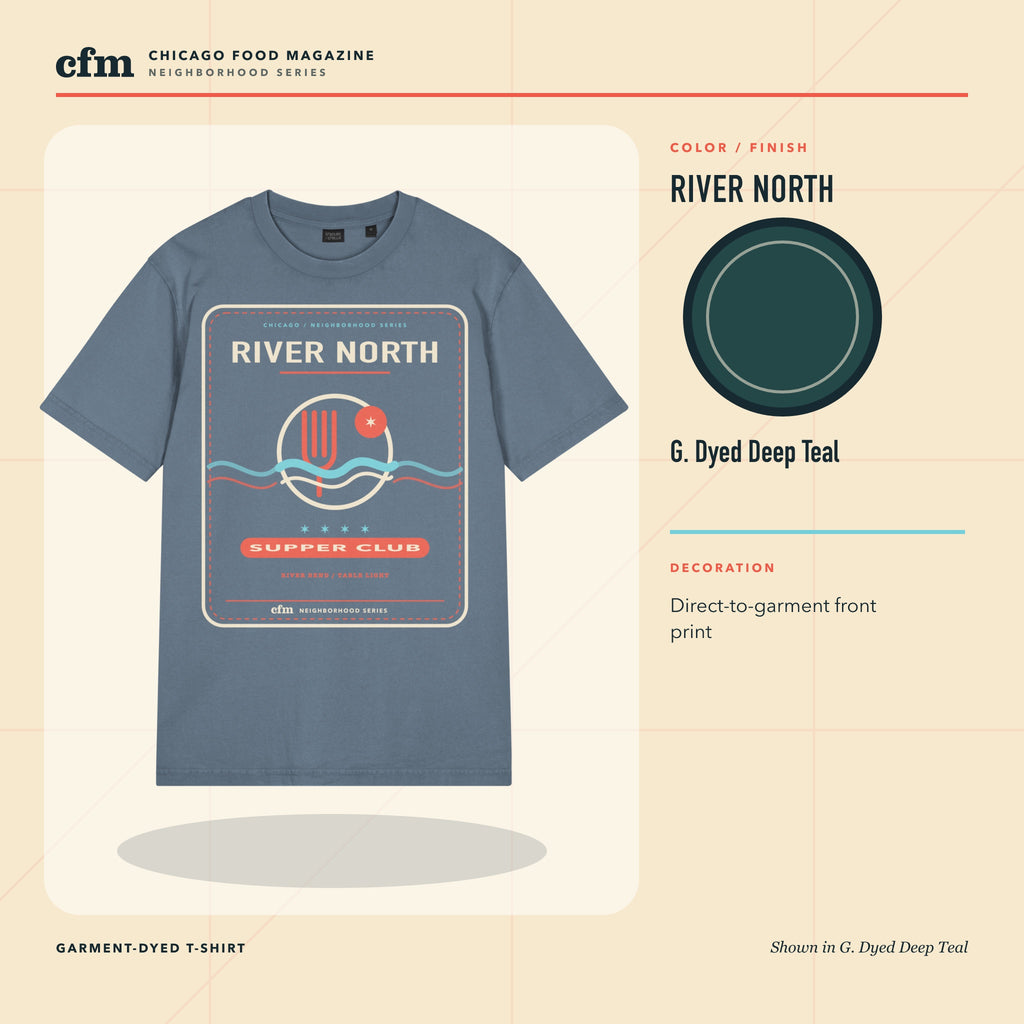 River North garment-dyed t-shirt, G. Dyed Deep Teal color and finish