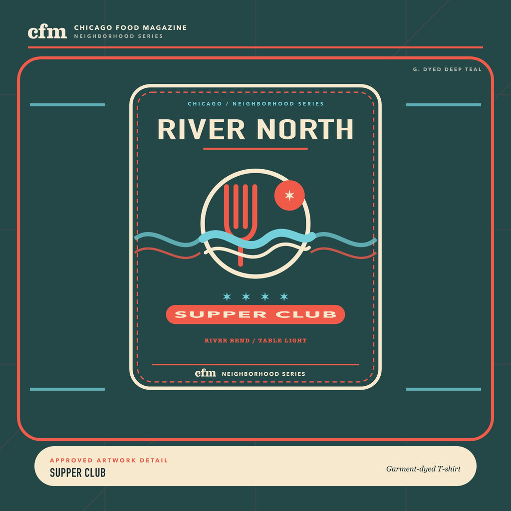 River North garment-dyed t-shirt, close-up of Supper Club artwork