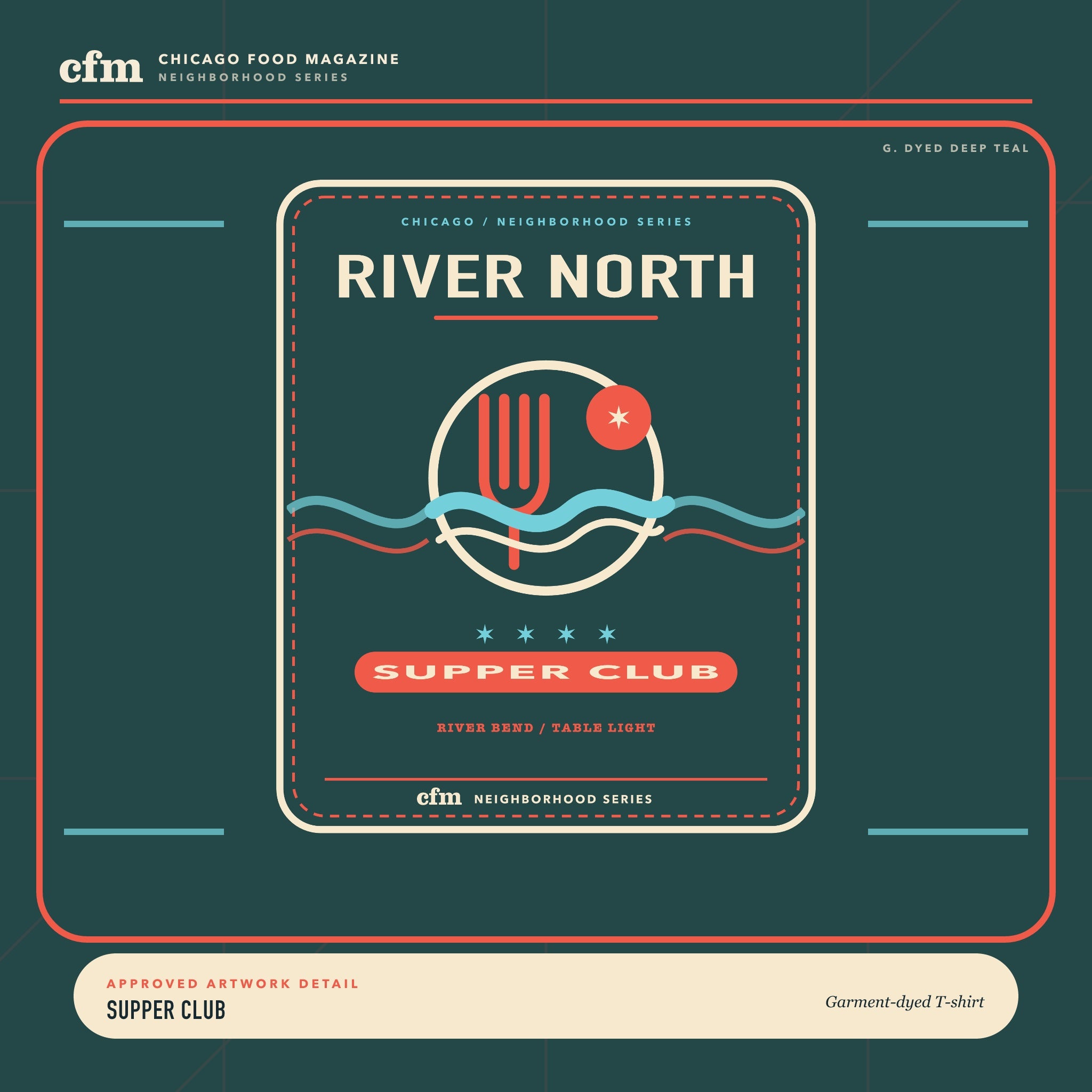 River North garment-dyed t-shirt, close-up of Supper Club artwork