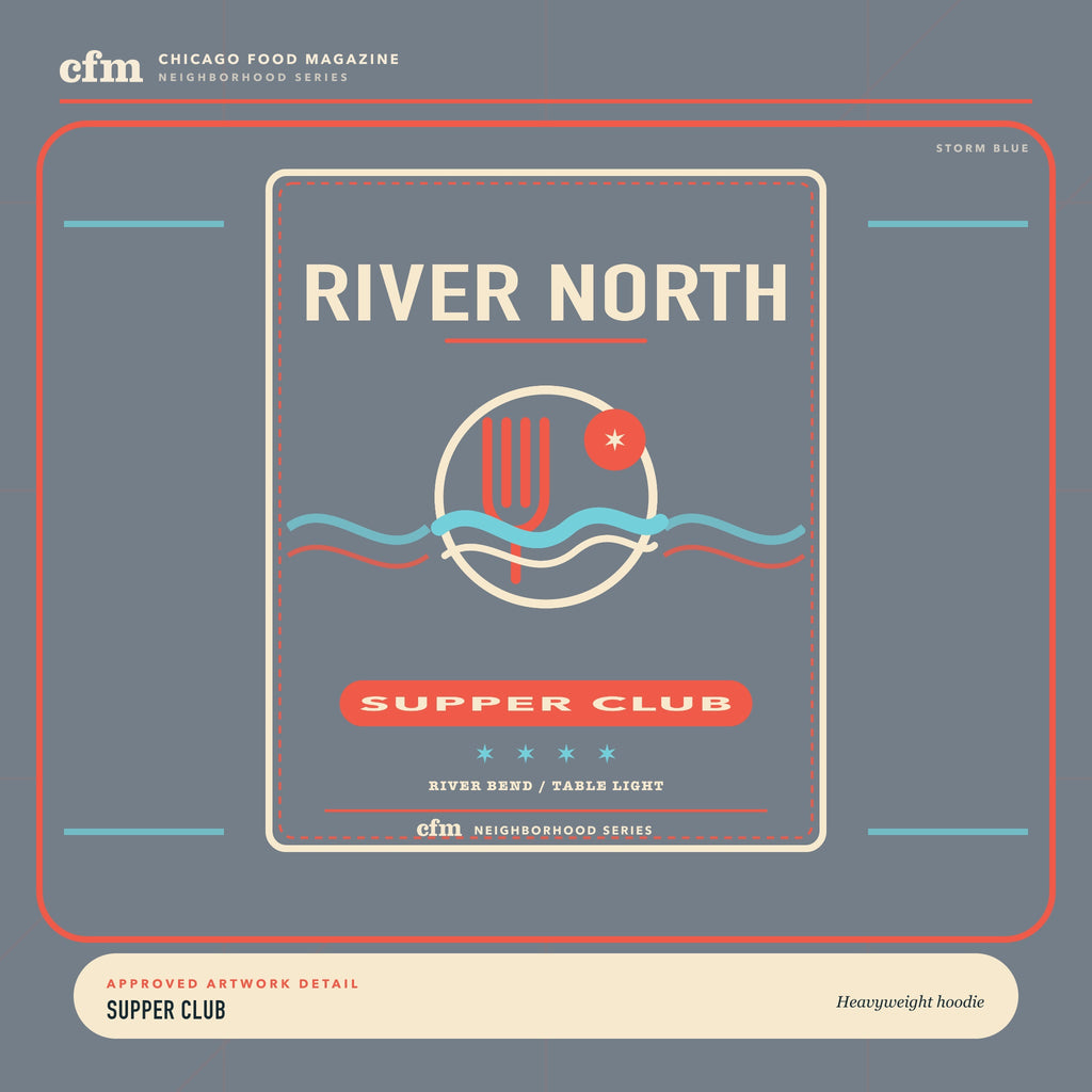 River North heavyweight hoodie, close-up of Supper Club artwork
