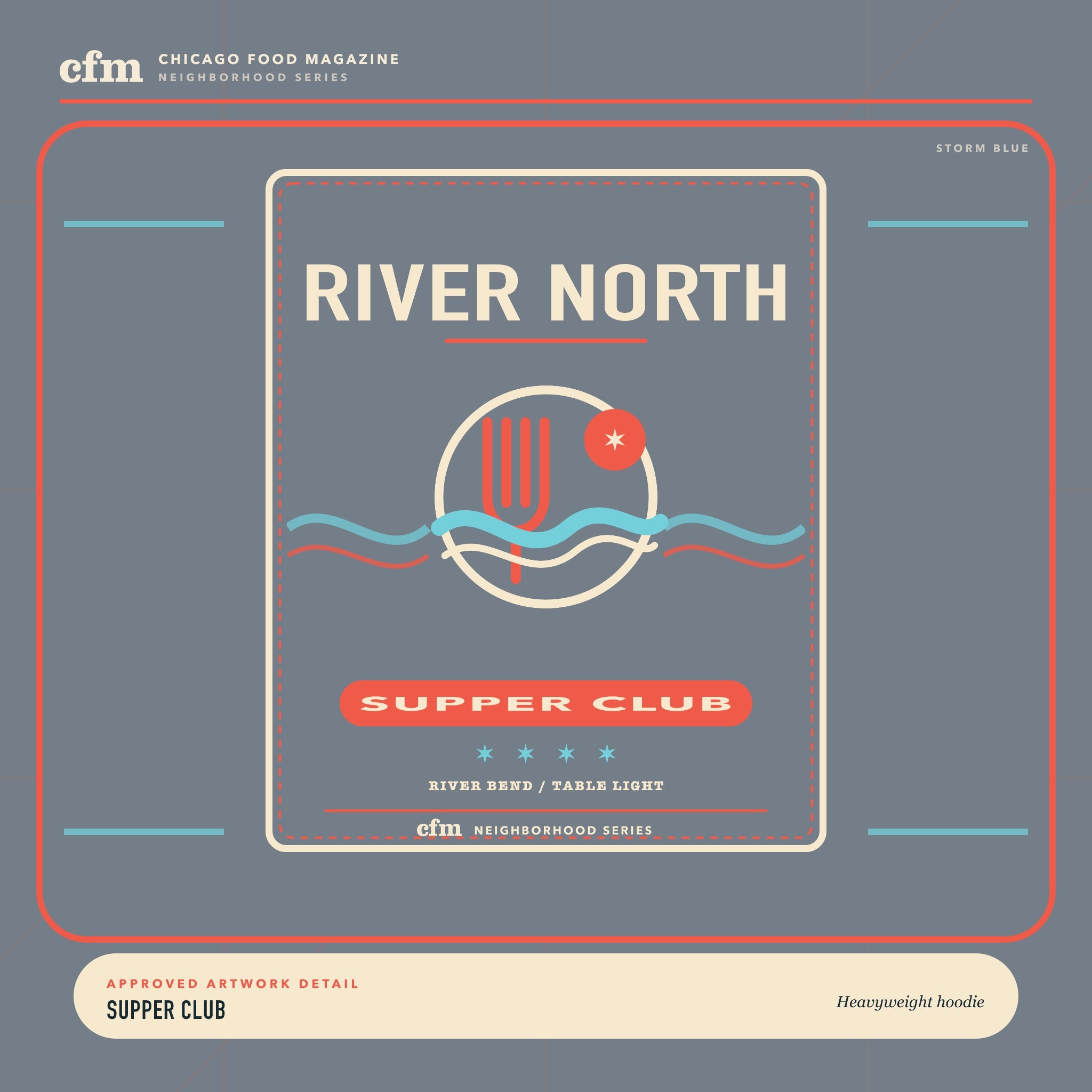 River North heavyweight hoodie, close-up of Supper Club artwork