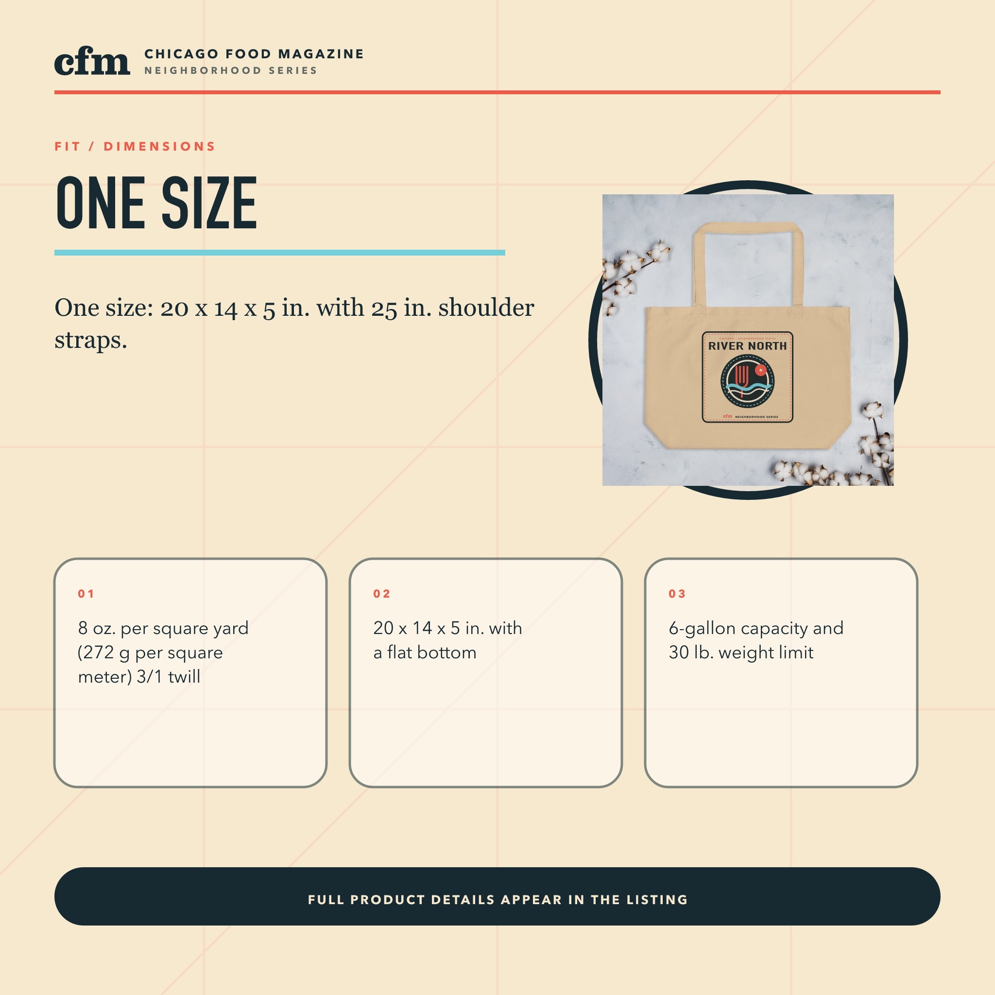 River North organic market tote, size, fit, and dimensions guide