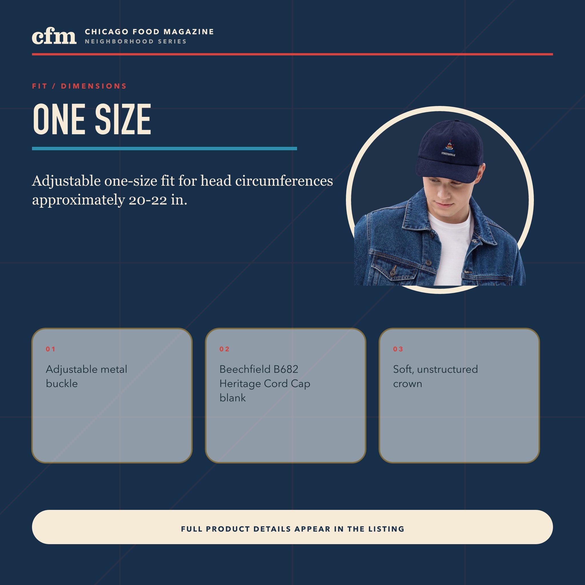 Streeterville corduroy cap, size, fit, and dimensions guide