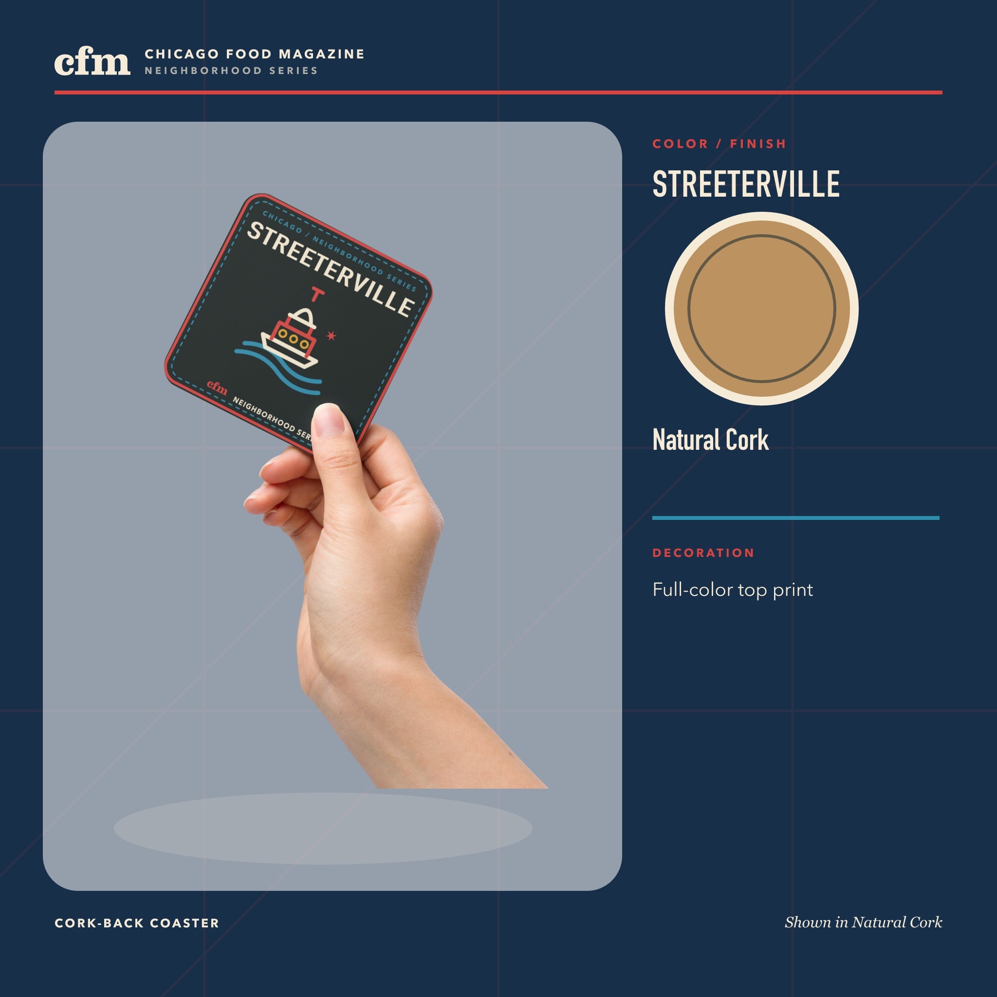Streeterville cork-back coaster, Natural Cork color and finish