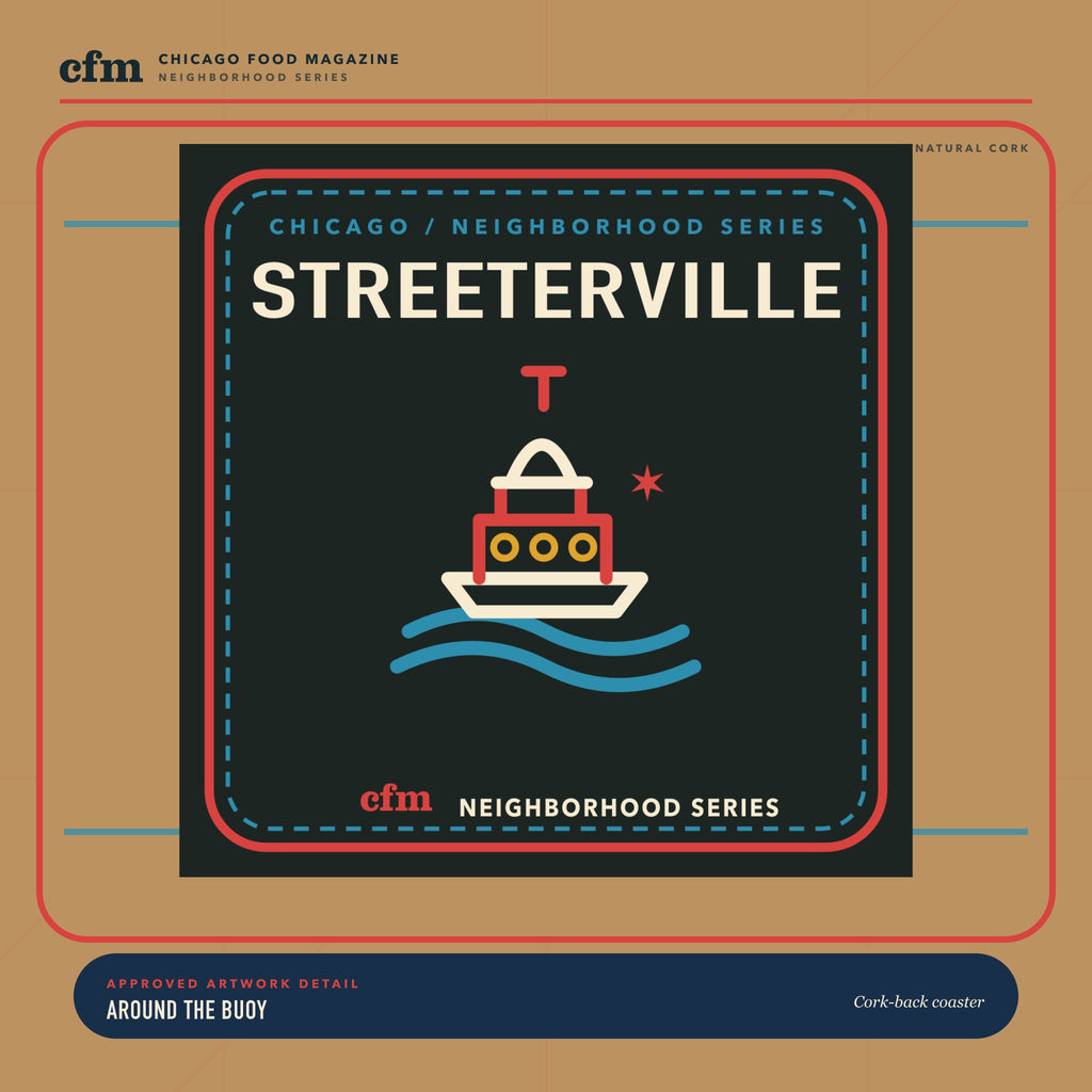 Streeterville cork-back coaster, close-up of Around the Buoy artwork