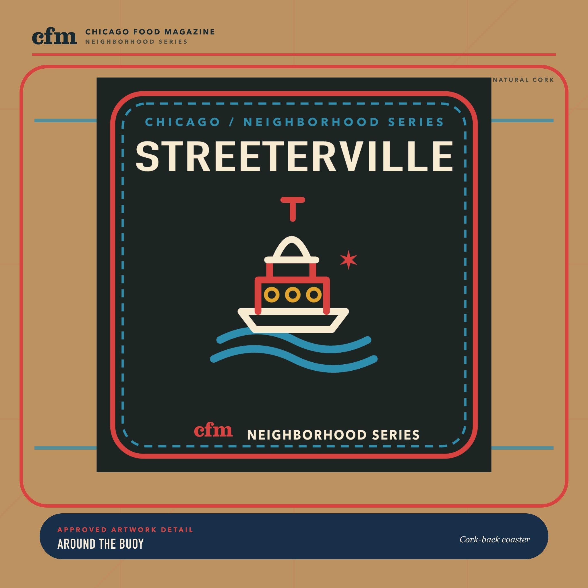 Streeterville cork-back coaster, close-up of Around the Buoy artwork