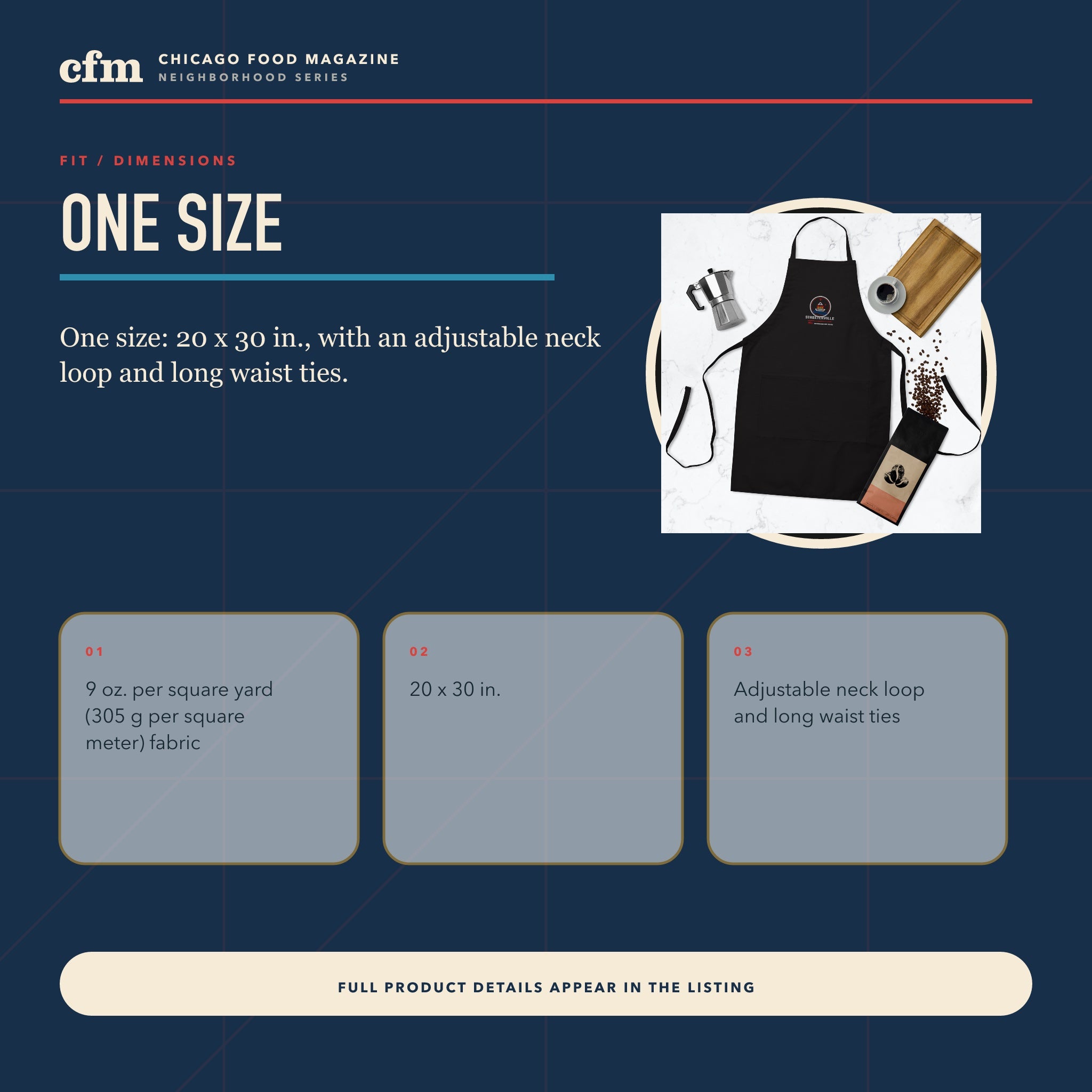 Streeterville chef apron, size, fit, and dimensions guide