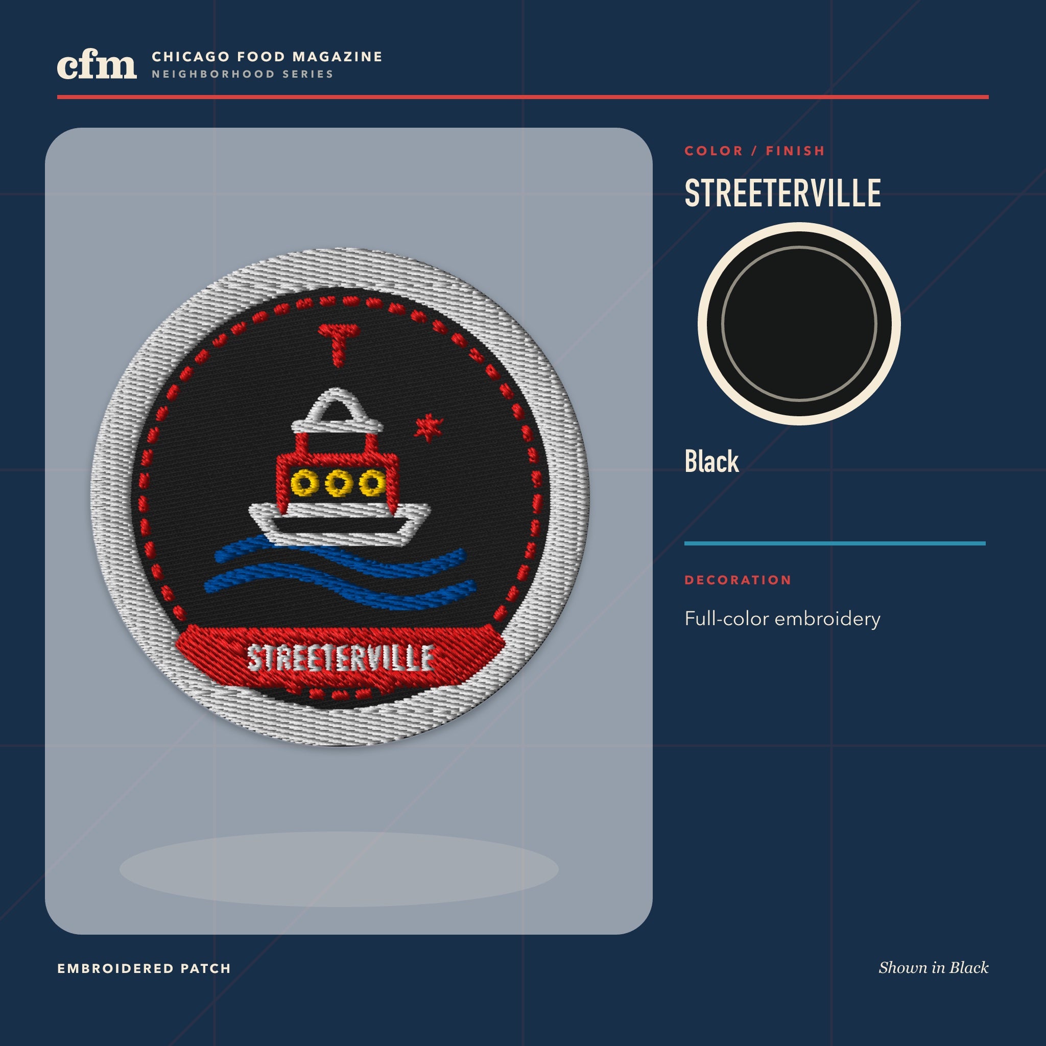 Streeterville embroidered patch, Black color and finish
