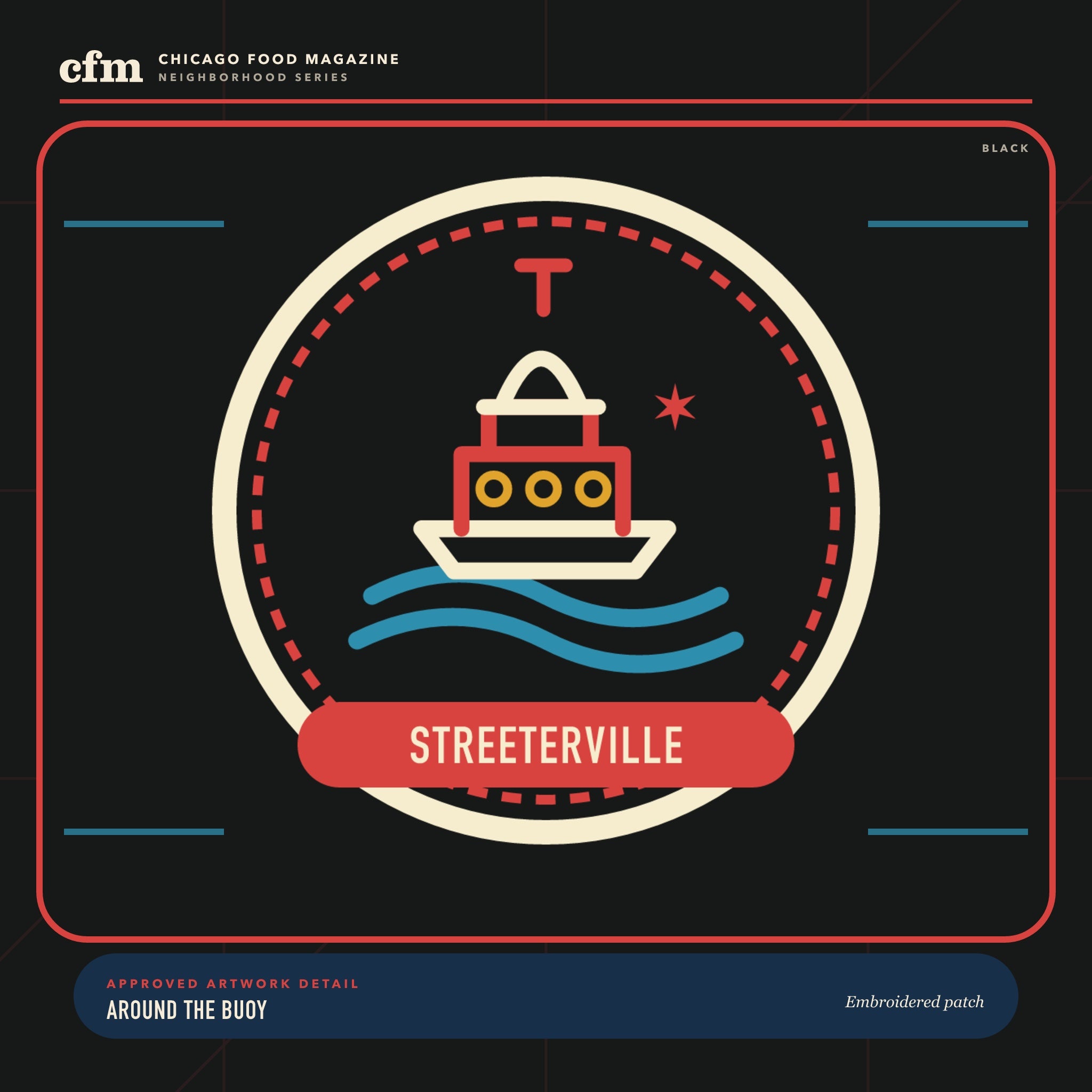 Streeterville embroidered patch, close-up of Around the Buoy artwork