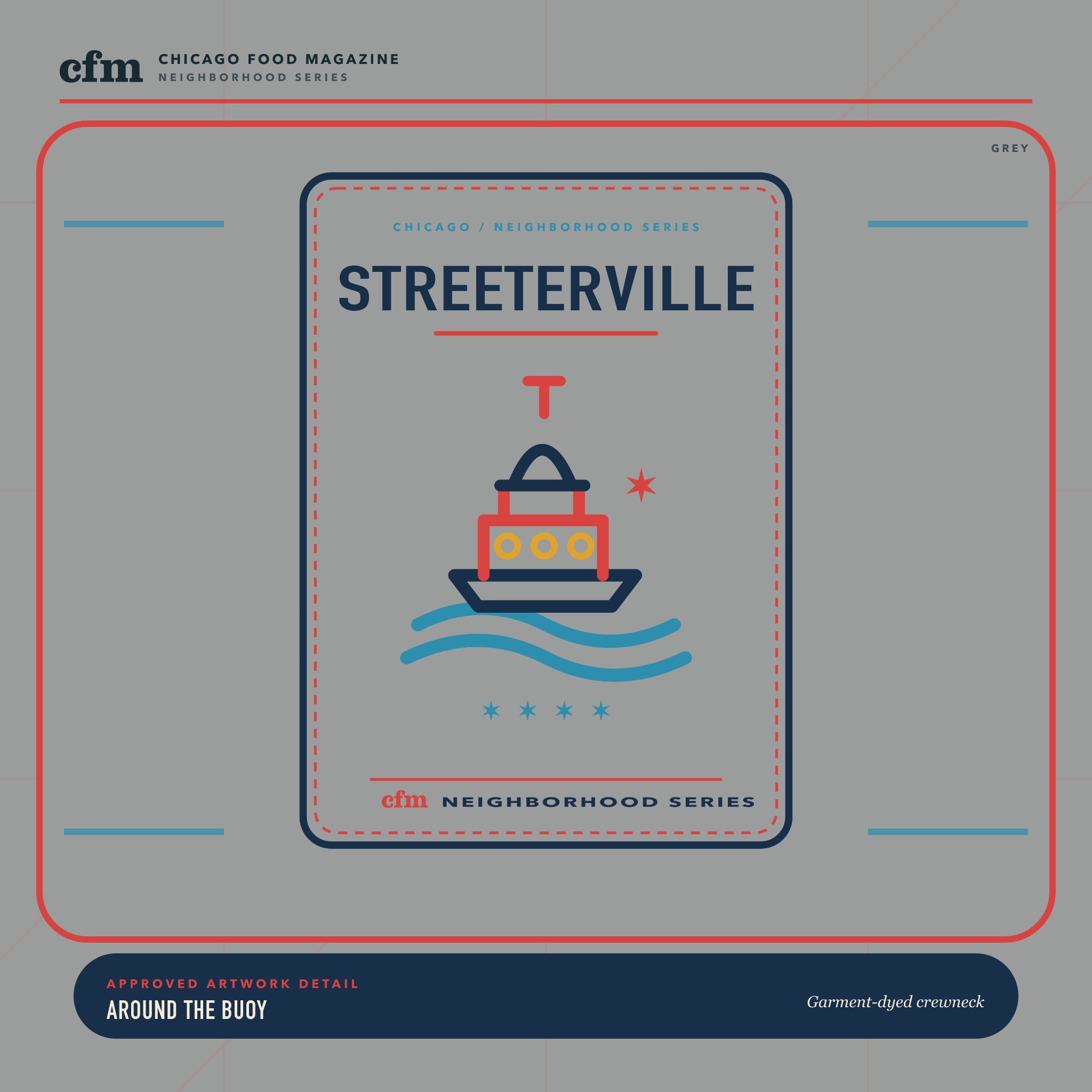 Streeterville garment-dyed crewneck, close-up of Around the Buoy artwork