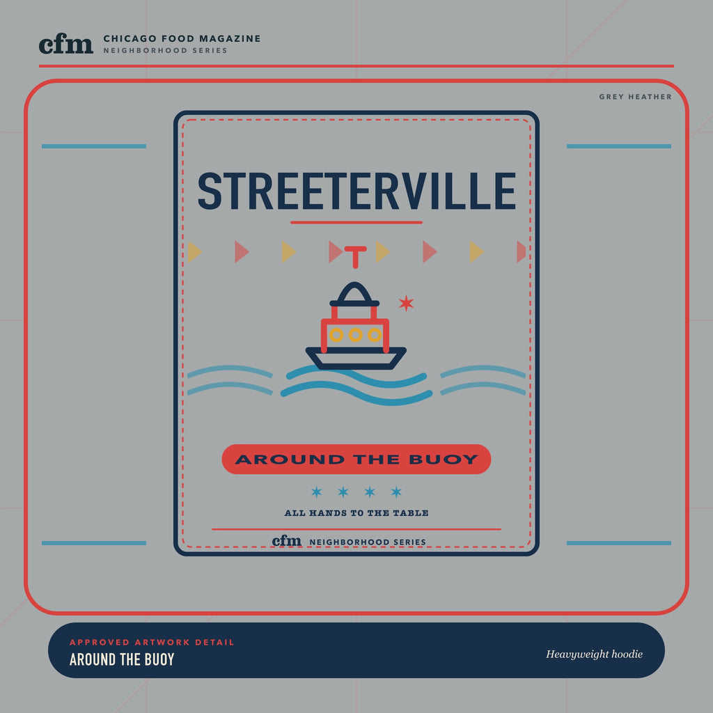 Streeterville heavyweight hoodie, close-up of Around the Buoy artwork