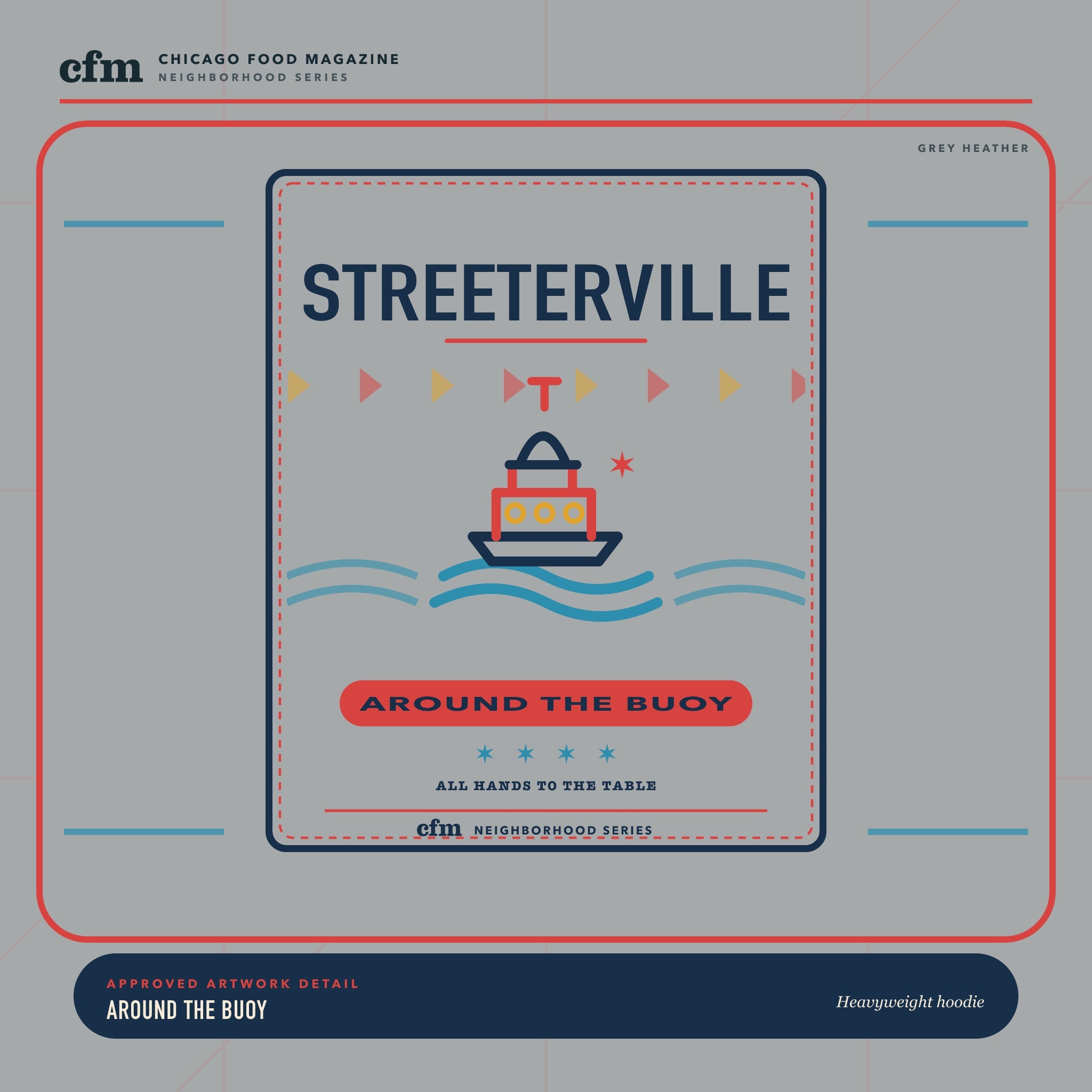 Streeterville heavyweight hoodie, close-up of Around the Buoy artwork
