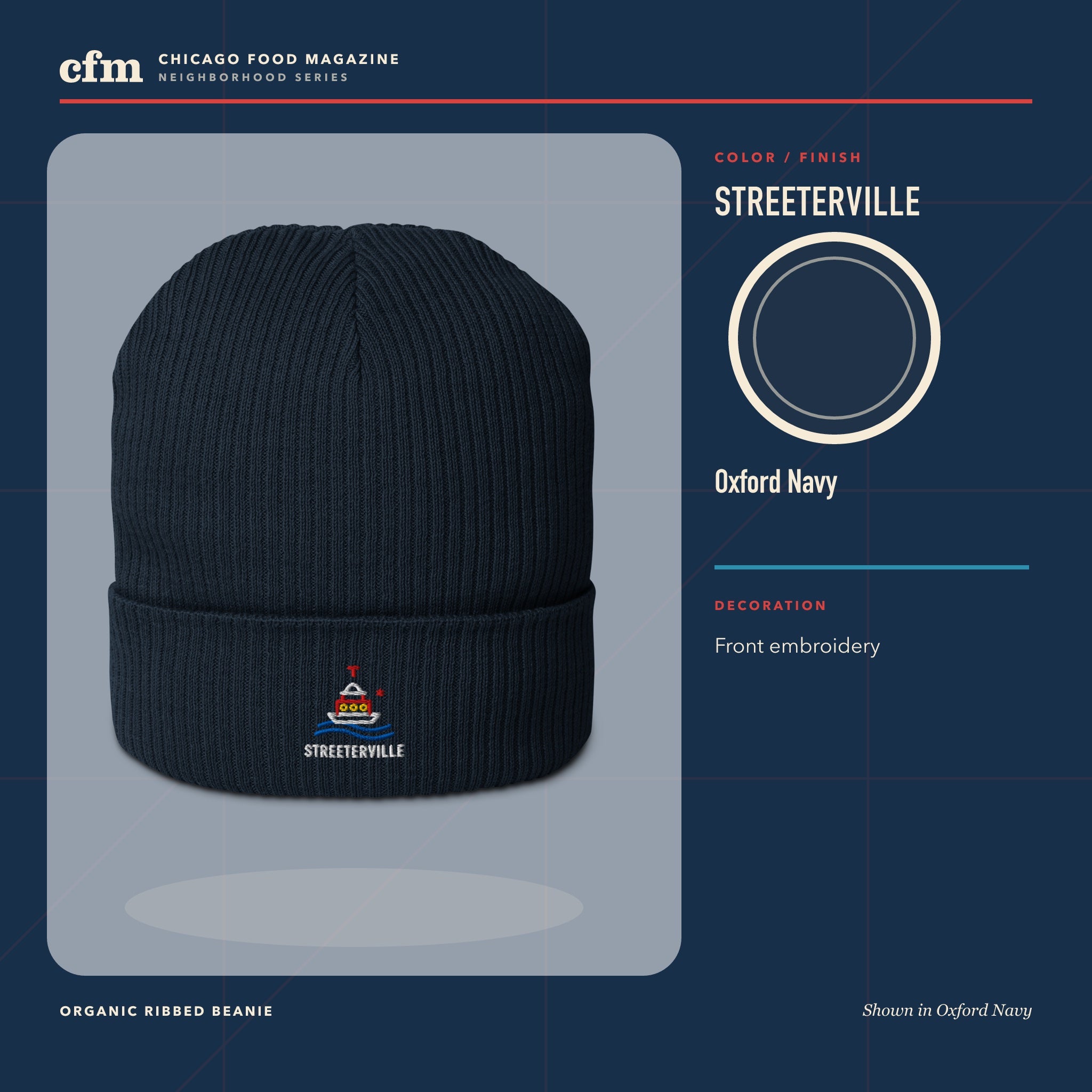 Streeterville organic ribbed beanie, Oxford Navy color and finish