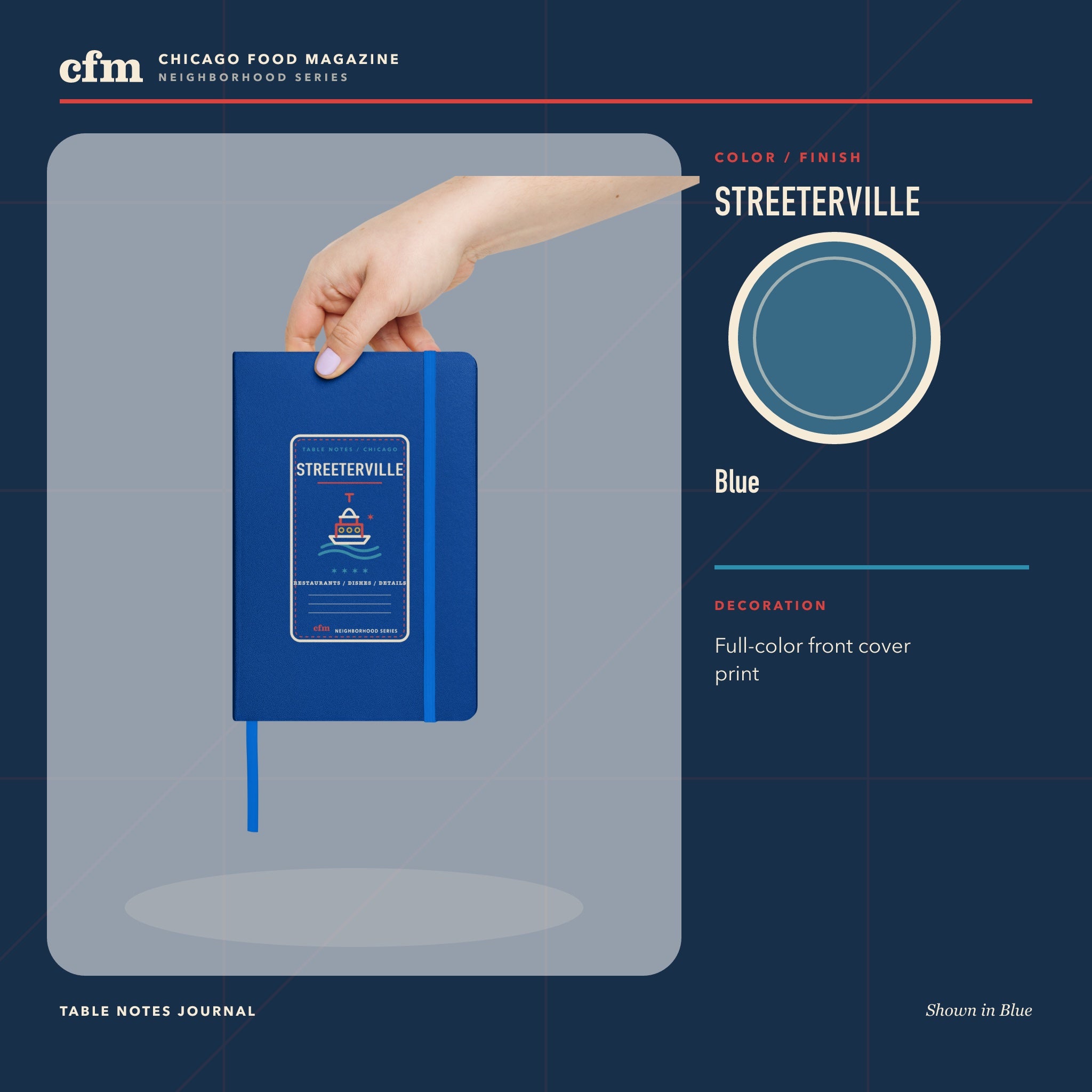 Streeterville table notes journal, Blue color and finish