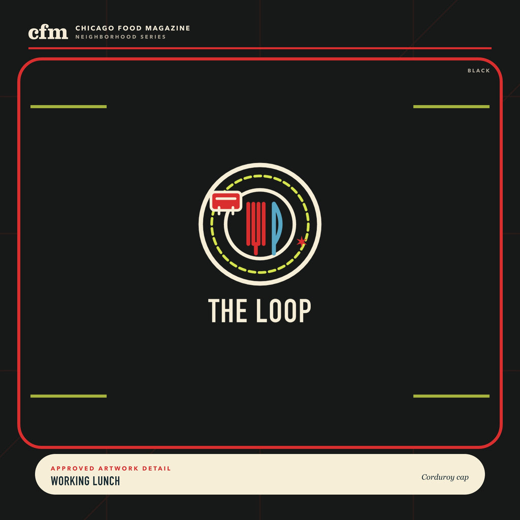 The Loop corduroy cap, close-up of Working Lunch artwork