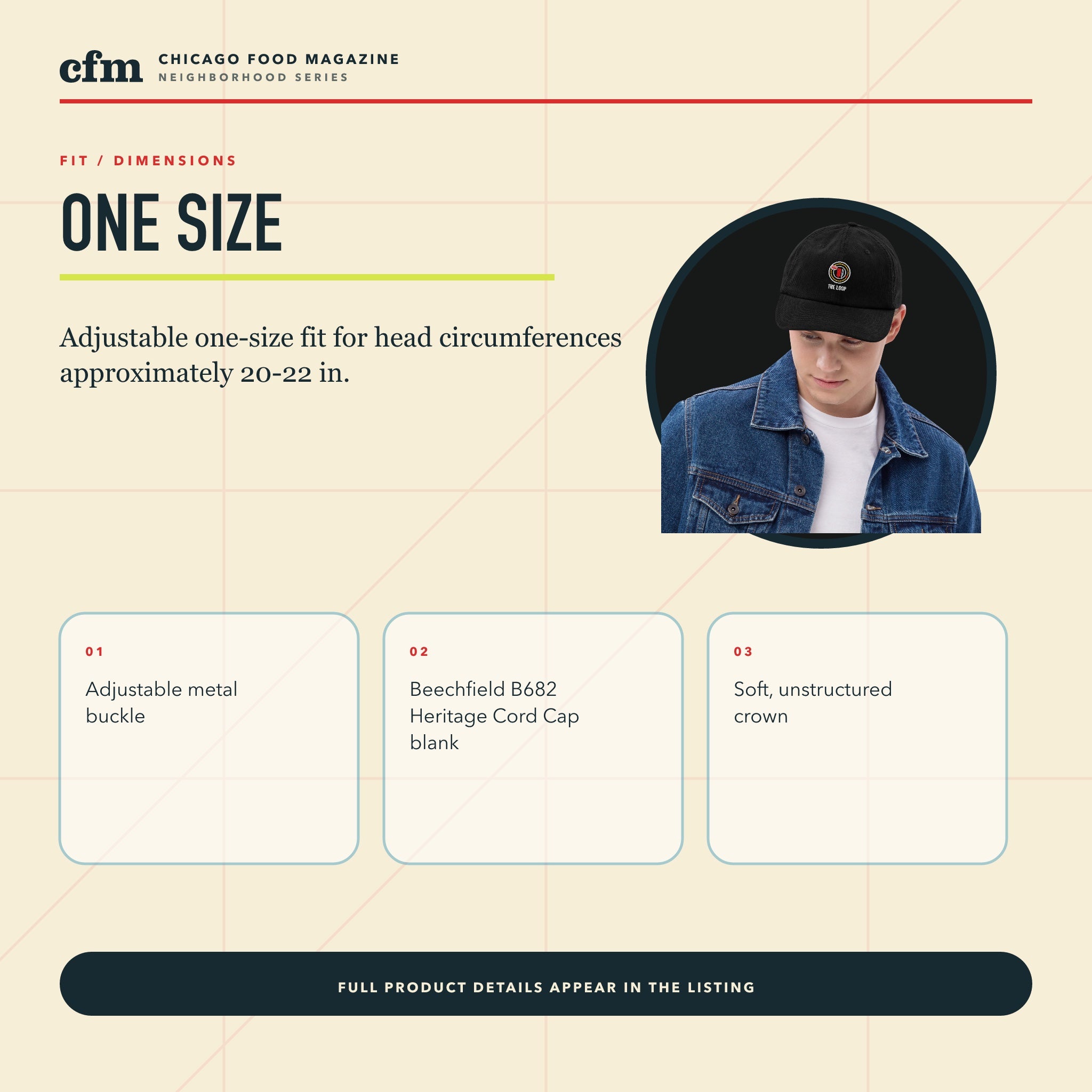 The Loop corduroy cap, size, fit, and dimensions guide