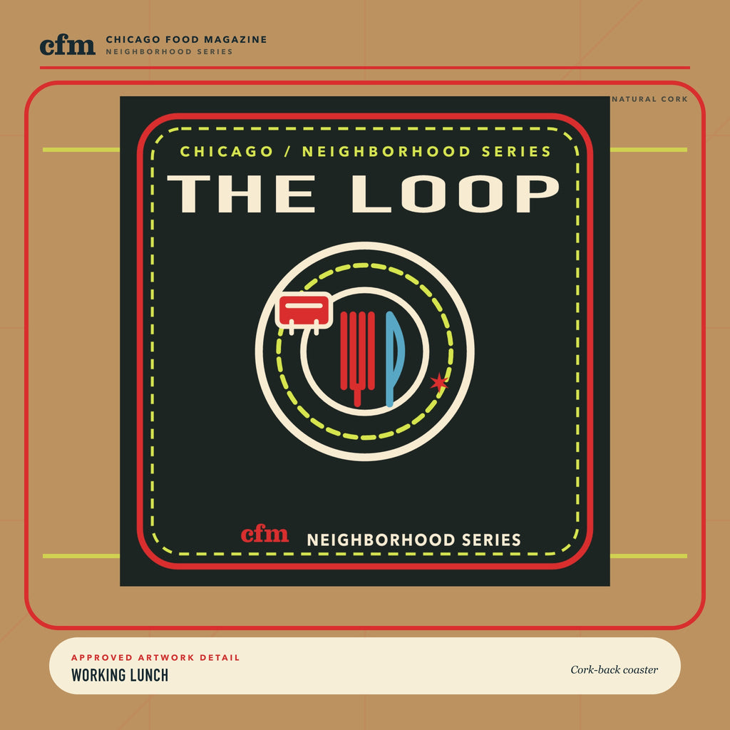 The Loop cork-back coaster, close-up of Working Lunch artwork