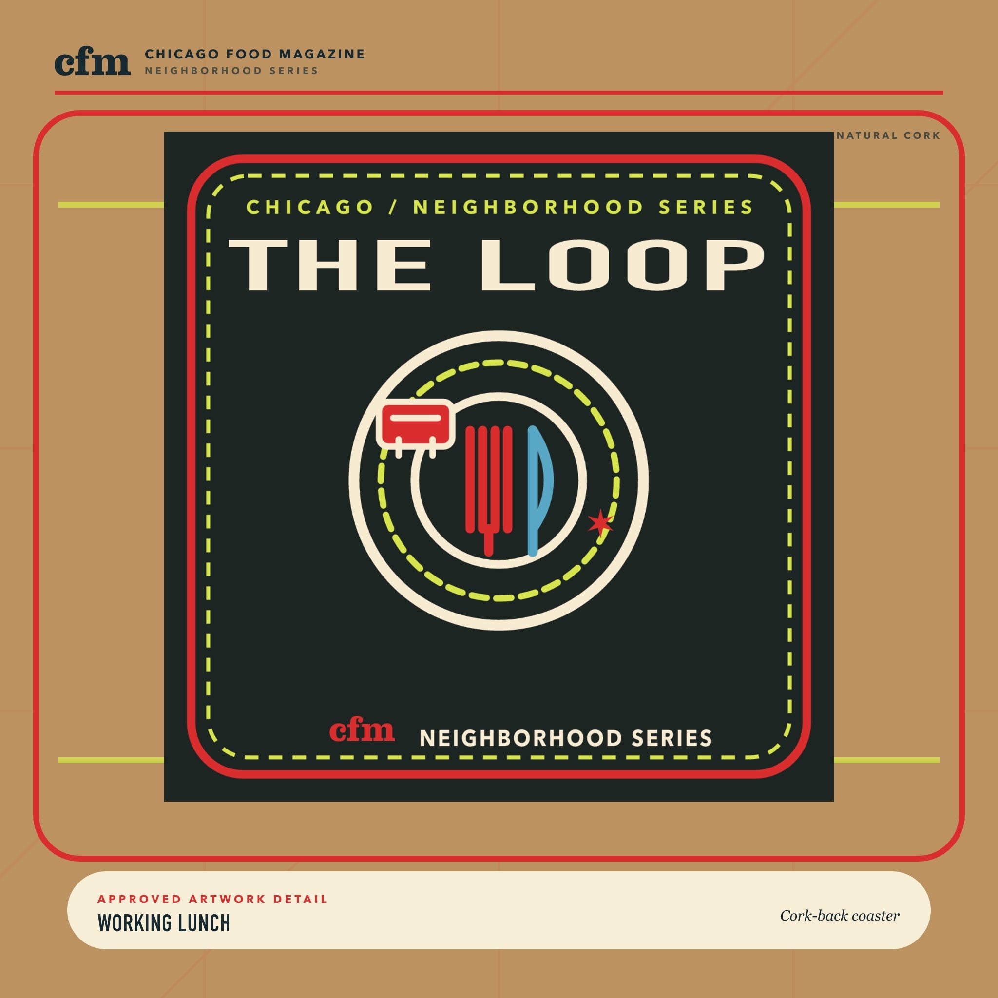 The Loop cork-back coaster, close-up of Working Lunch artwork