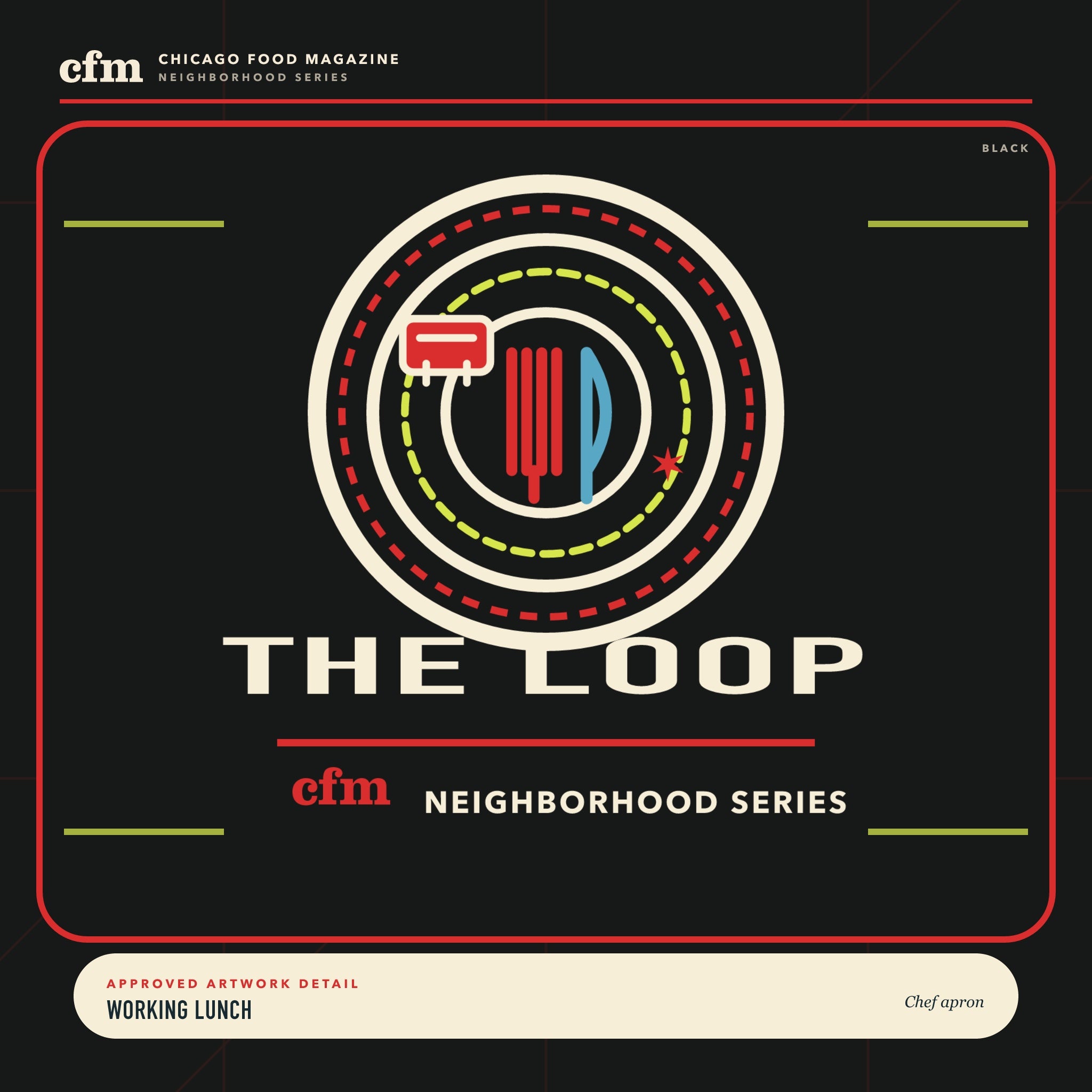 The Loop chef apron, close-up of Working Lunch artwork