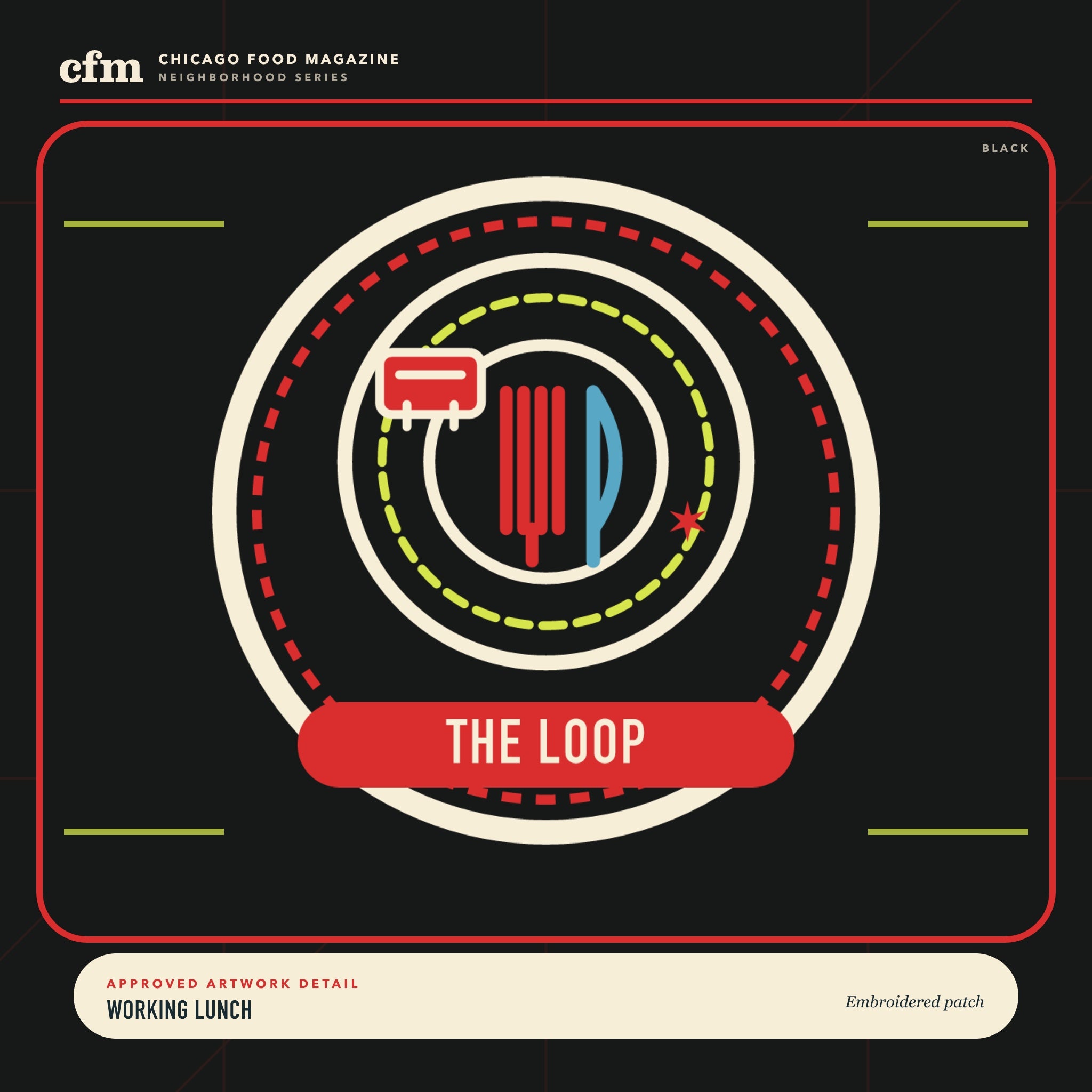 The Loop embroidered patch, close-up of Working Lunch artwork