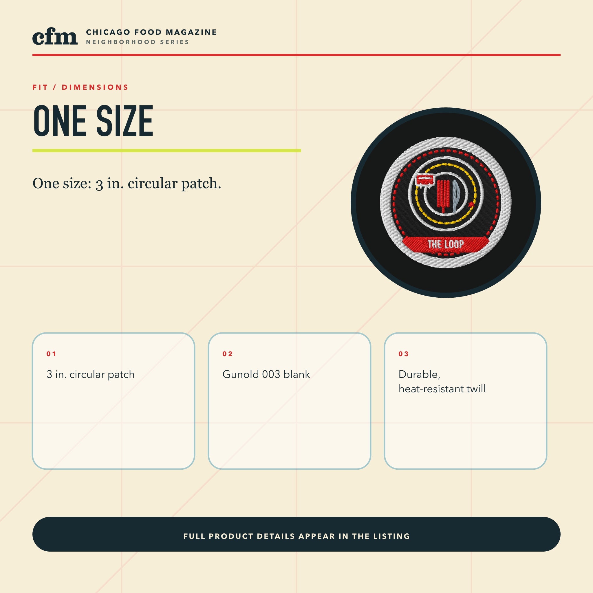 The Loop embroidered patch, size, fit, and dimensions guide