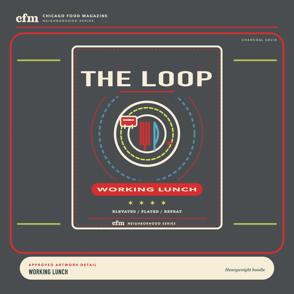 The Loop heavyweight hoodie, close-up of Working Lunch artwork